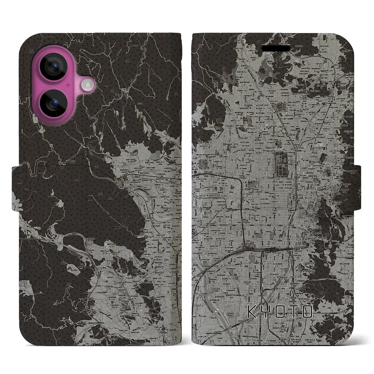 【京都(京都府)】地図柄iPhoneケース(手帳タイプ)モノトーン・iPhone 16 Pro 用