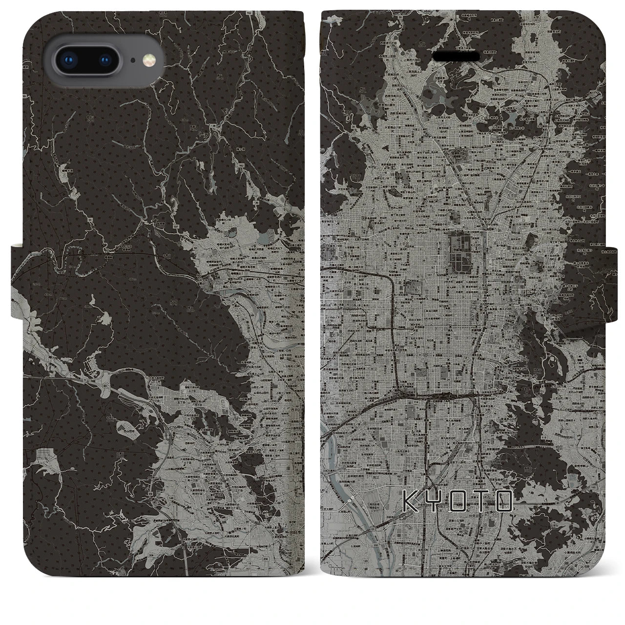 【京都(京都府)】地図柄iPhoneケース(手帳タイプ)モノトーン・iPhone 8Plus /7Plus / 6sPlus / 6Plus 用