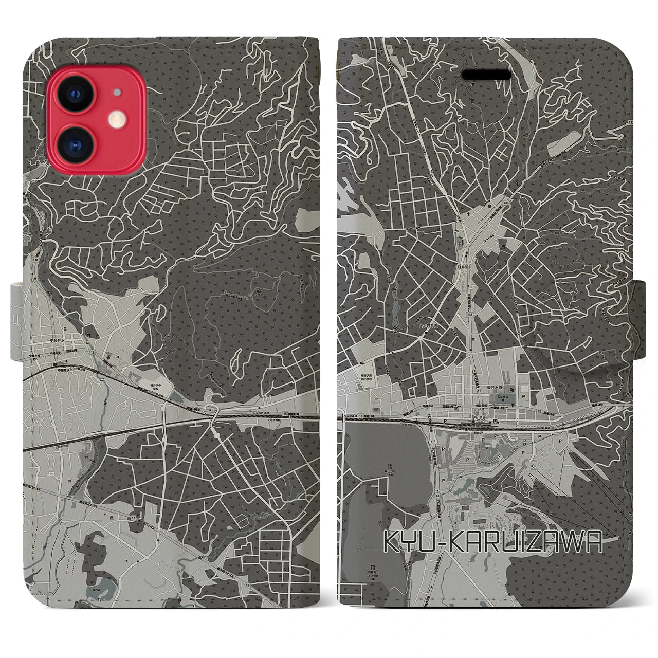 【旧軽井沢(長野県)】地図柄iPhoneケース(手帳タイプ)モノトーン・iPhone 11 用