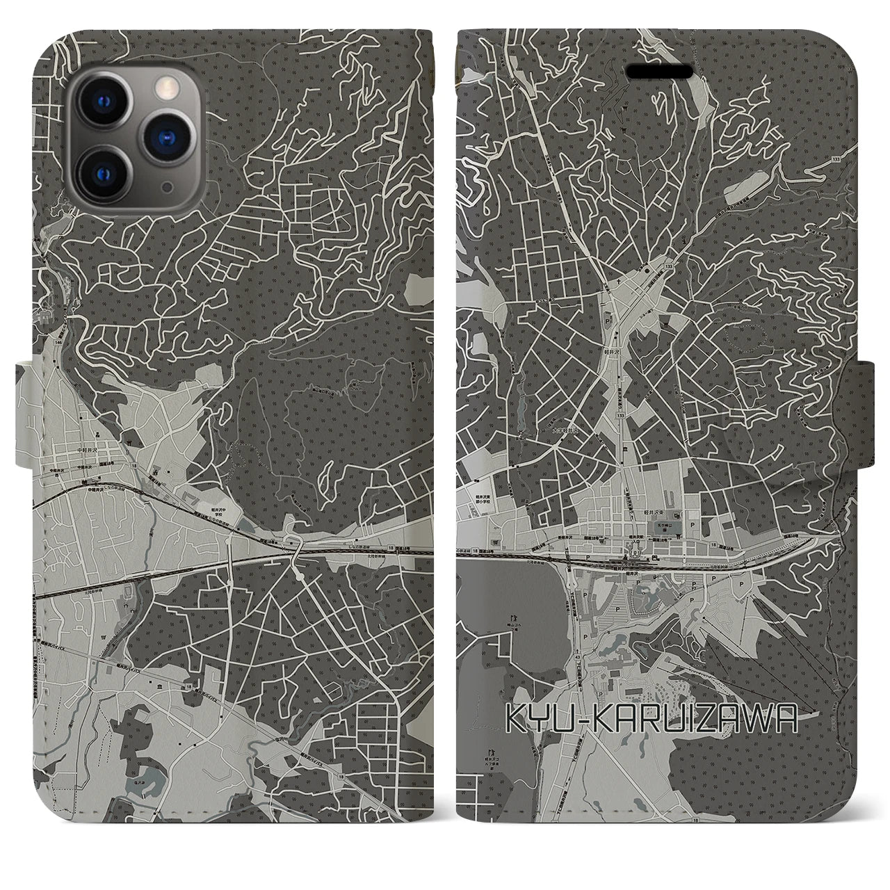 【旧軽井沢(長野県)】地図柄iPhoneケース(手帳タイプ)モノトーン・iPhone 11 Pro Max 用