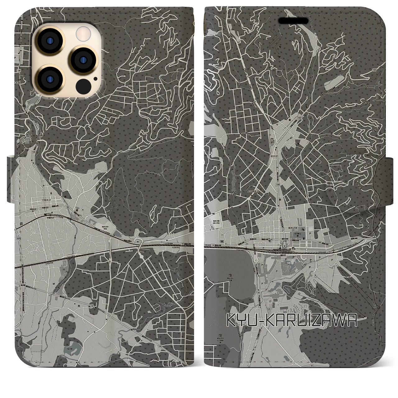 【旧軽井沢(長野県)】地図柄iPhoneケース(手帳タイプ)モノトーン・iPhone 12 Pro Max 用