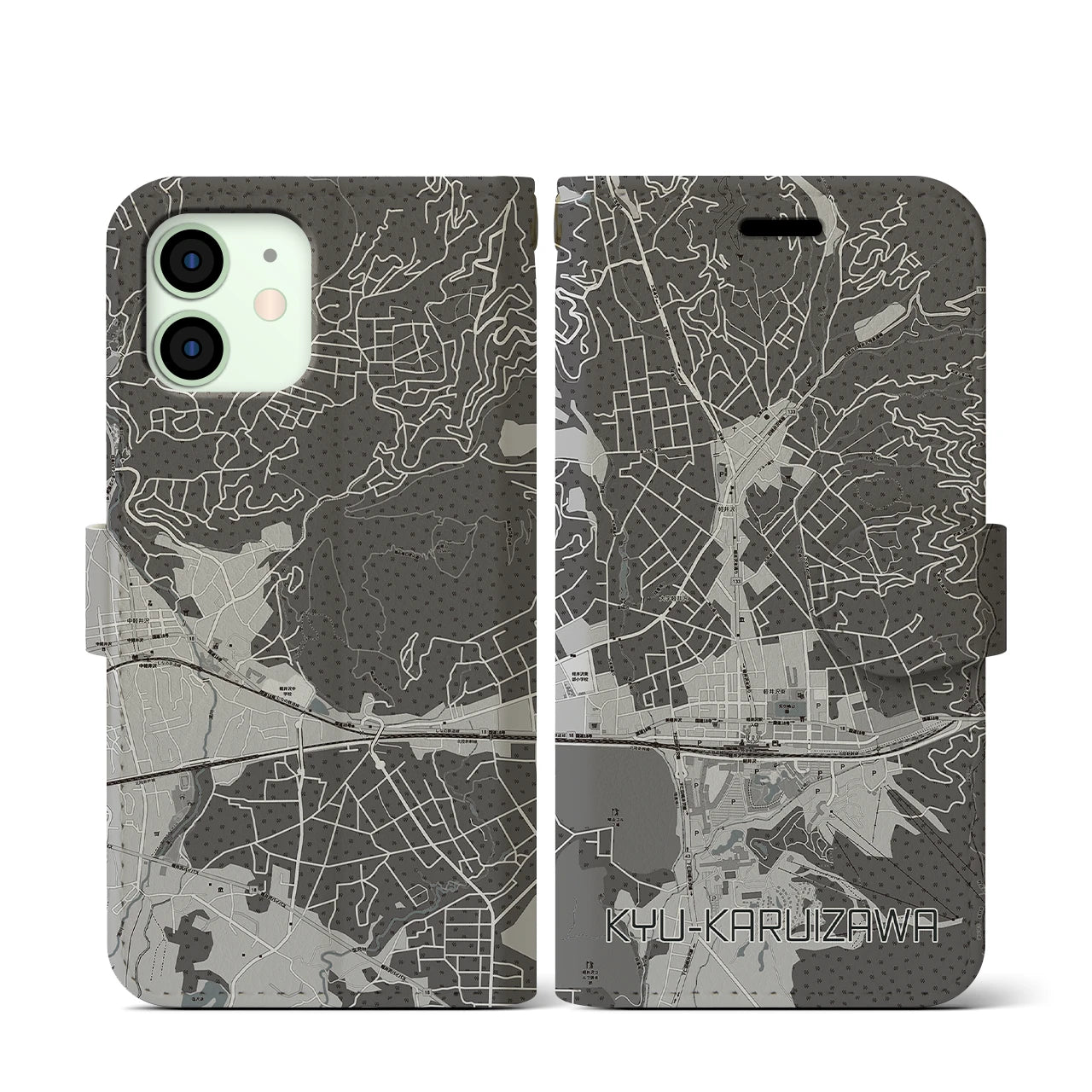 【旧軽井沢(長野県)】地図柄iPhoneケース(手帳タイプ)モノトーン・iPhone 12 mini 用