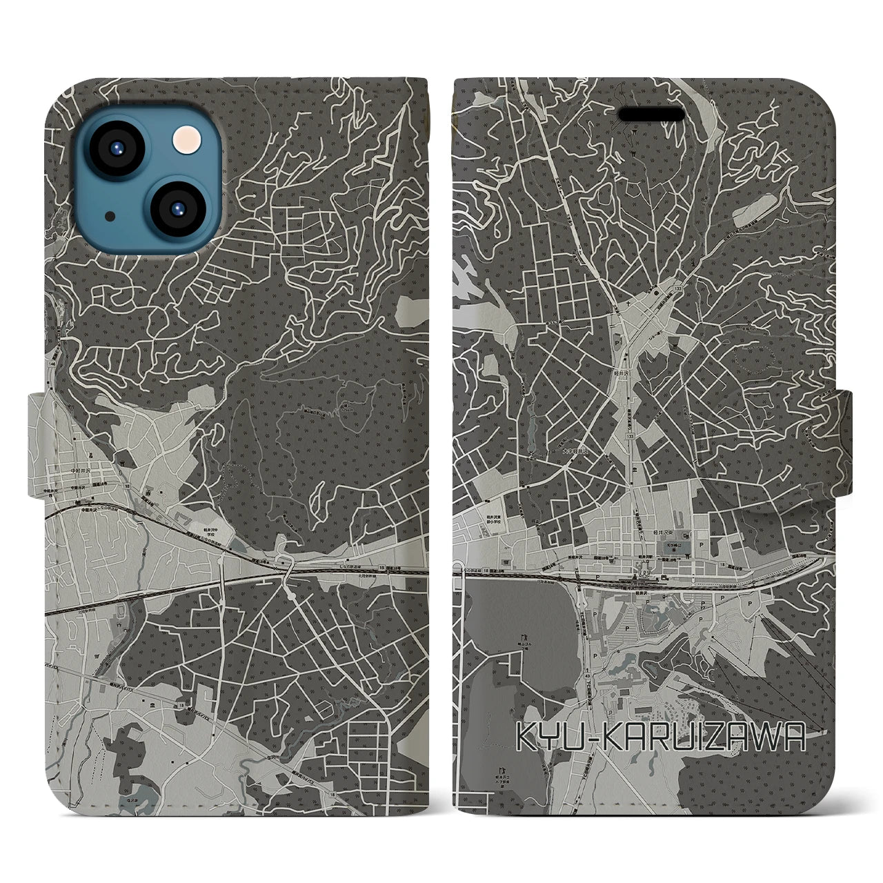 【旧軽井沢(長野県)】地図柄iPhoneケース(手帳タイプ)モノトーン・iPhone 13 用