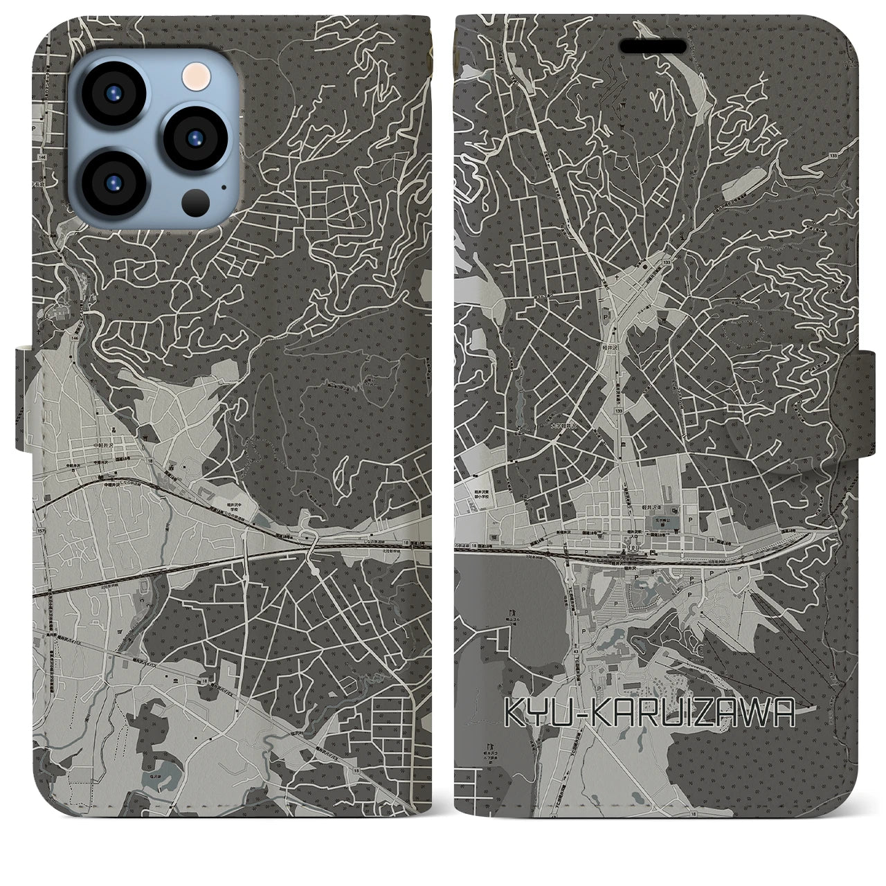 【旧軽井沢(長野県)】地図柄iPhoneケース(手帳タイプ)モノトーン・iPhone 13 Pro Max 用