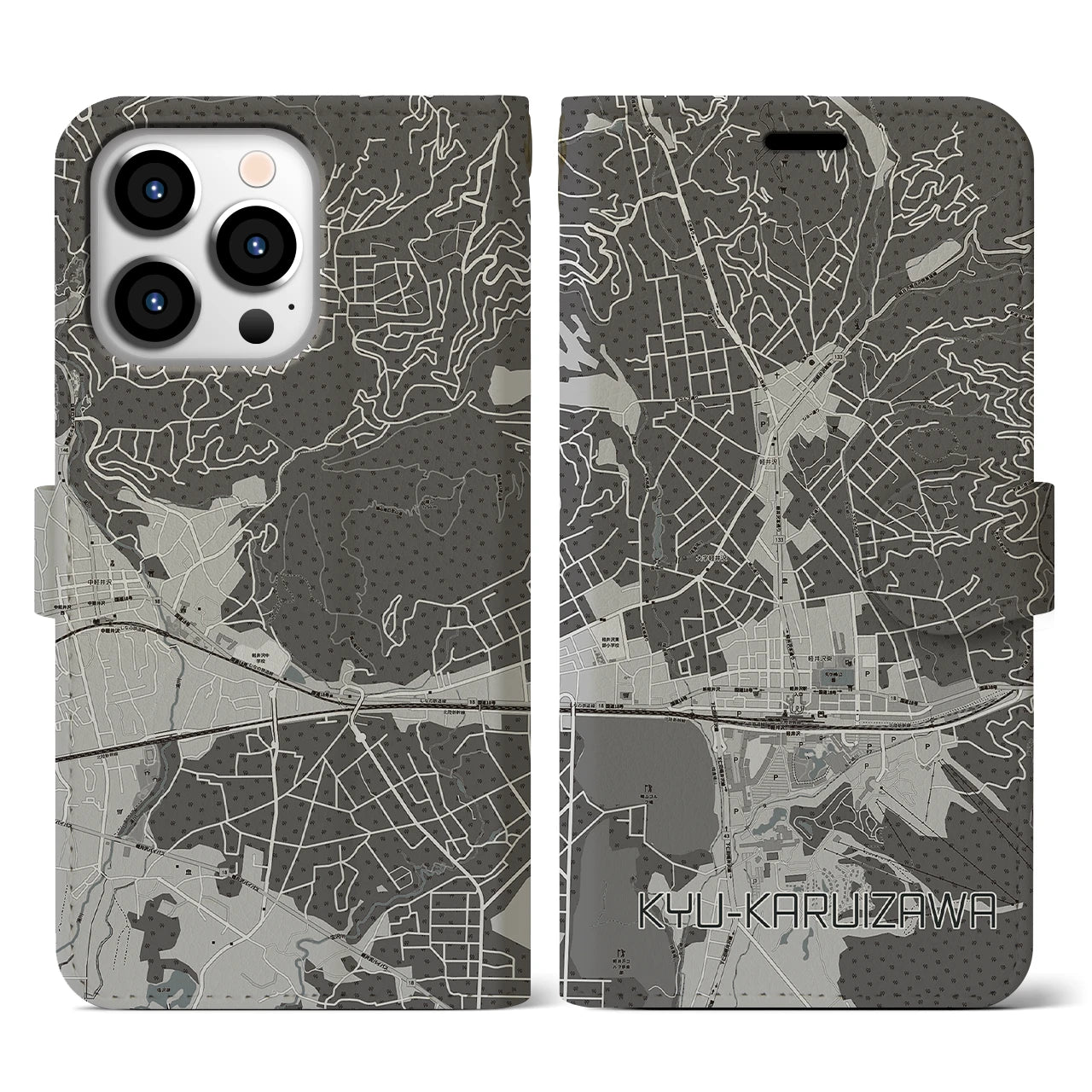 【旧軽井沢(長野県)】地図柄iPhoneケース(手帳タイプ)モノトーン・iPhone 13 Pro 用