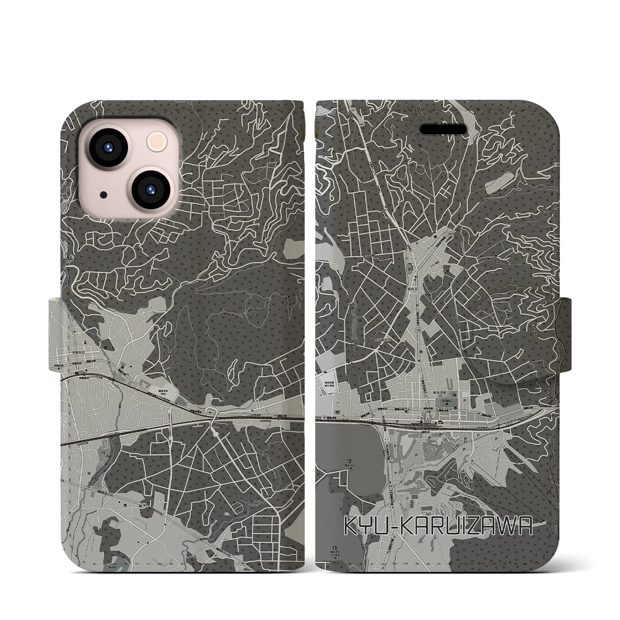 【旧軽井沢(長野県)】地図柄iPhoneケース(手帳タイプ)モノトーン・iPhone 13 mini 用