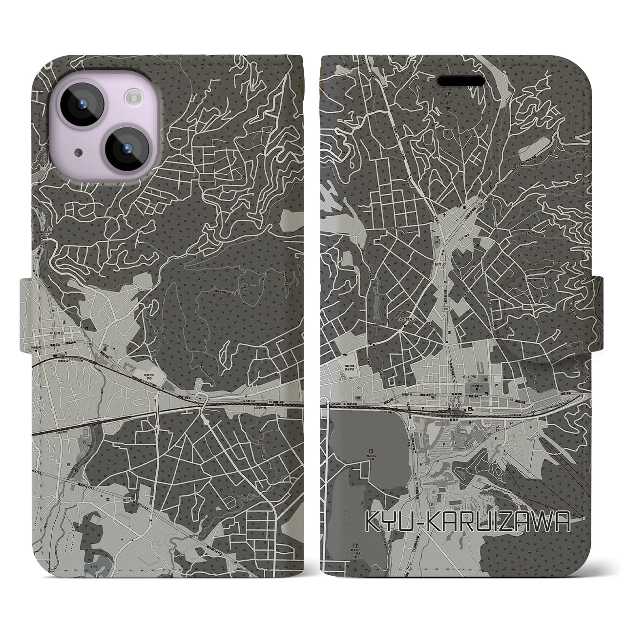 【旧軽井沢(長野県)】地図柄iPhoneケース(手帳タイプ)モノトーン・iPhone 14 用