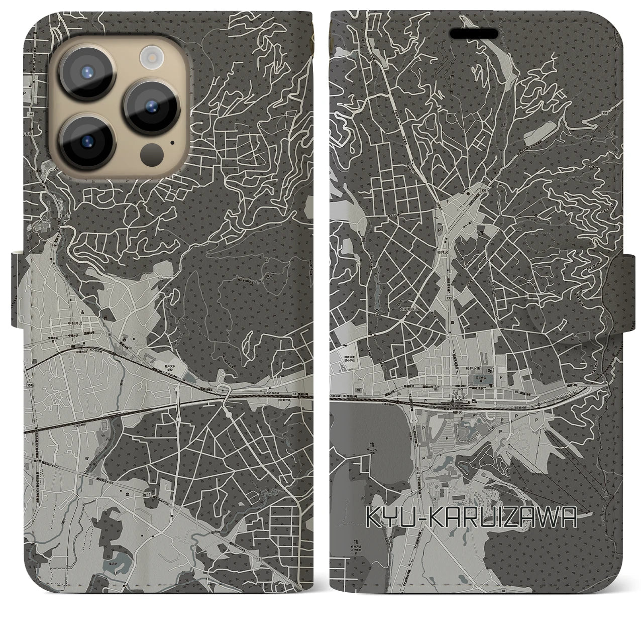 【旧軽井沢(長野県)】地図柄iPhoneケース(手帳タイプ)モノトーン・iPhone 14 Pro Max 用