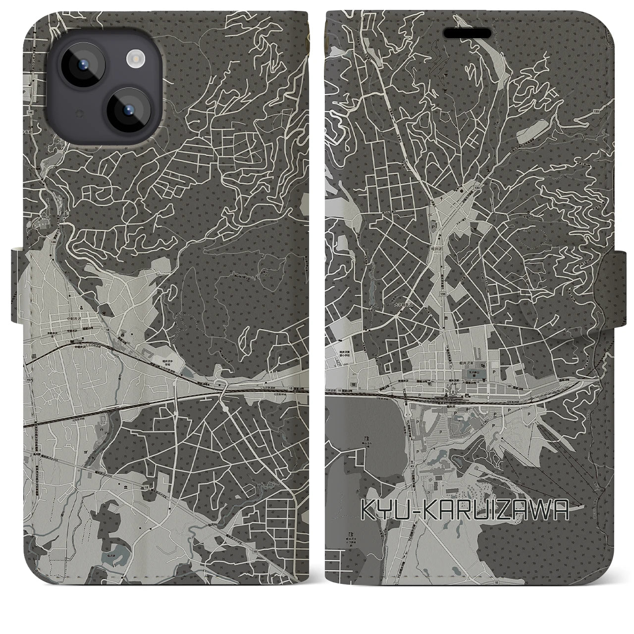 【旧軽井沢(長野県)】地図柄iPhoneケース(手帳タイプ)モノトーン・iPhone 14 Plus 用