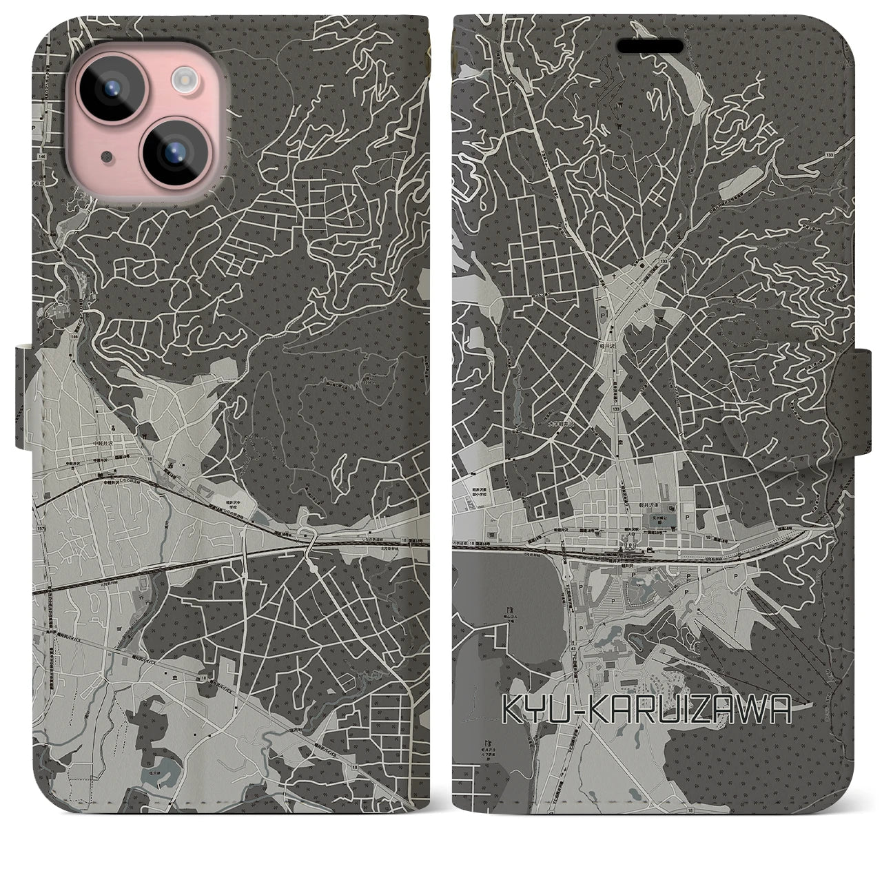 【旧軽井沢(長野県)】地図柄iPhoneケース(手帳タイプ)モノトーン・iPhone 15 Plus 用