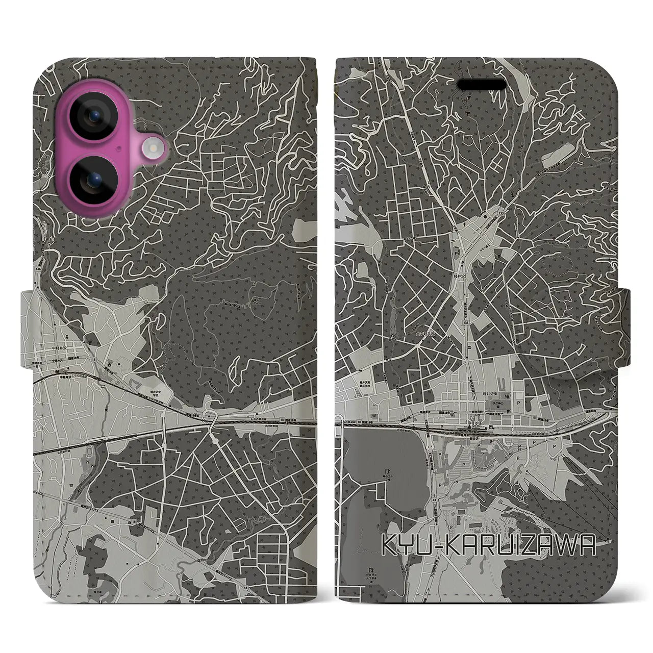 【旧軽井沢(長野県)】地図柄iPhoneケース(手帳タイプ)モノトーン・iPhone 16 Pro 用