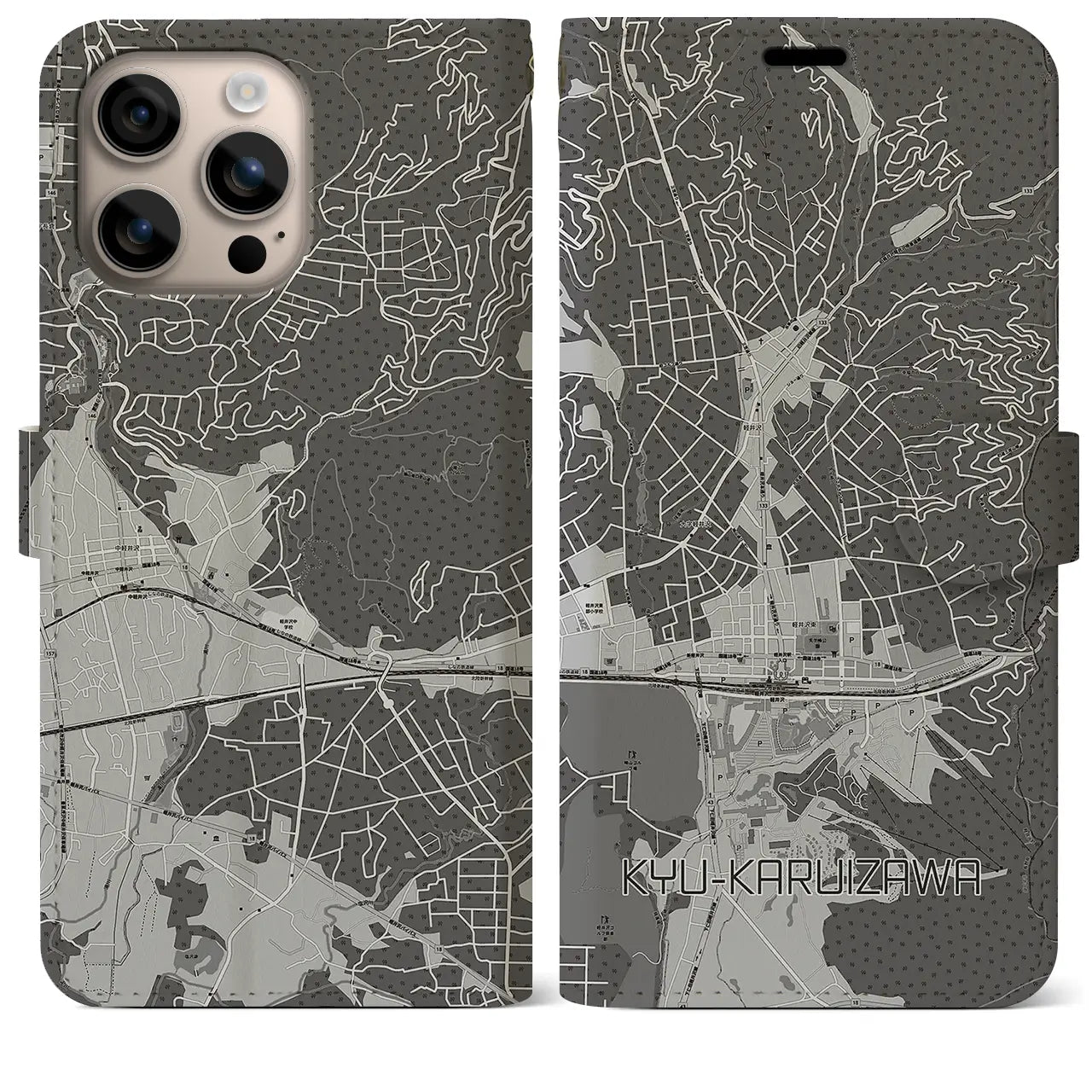 【旧軽井沢(長野県)】地図柄iPhoneケース(手帳タイプ)モノトーン・iPhone 16 Plus 用