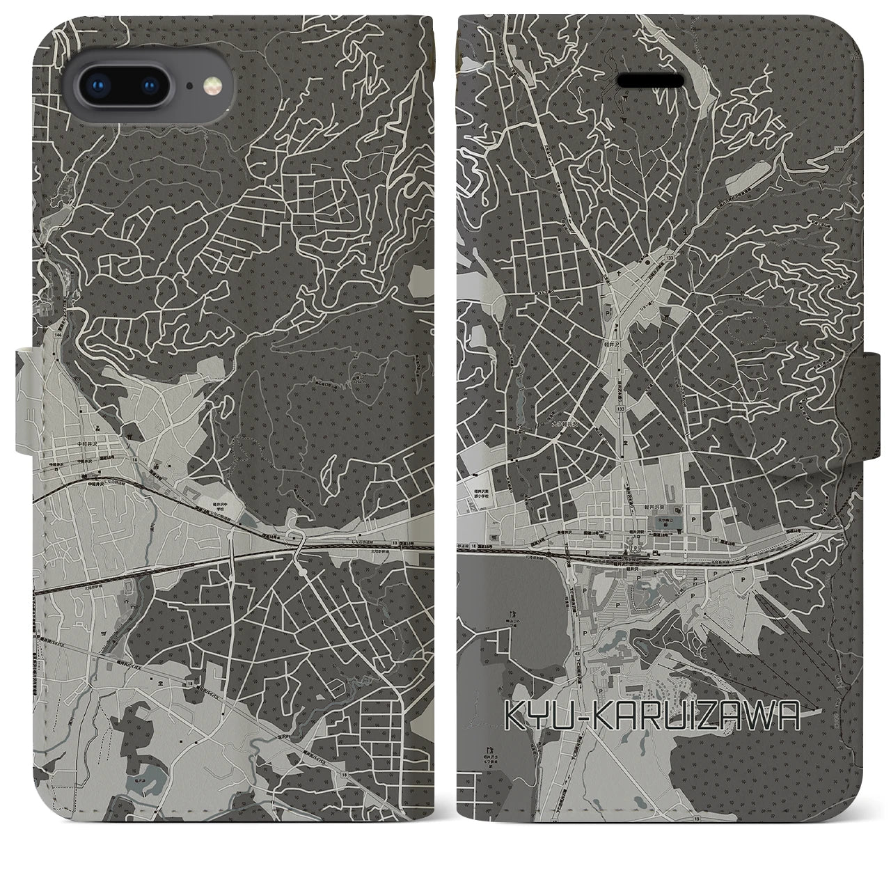 【旧軽井沢(長野県)】地図柄iPhoneケース(手帳タイプ)モノトーン・iPhone 8Plus /7Plus / 6sPlus / 6Plus 用