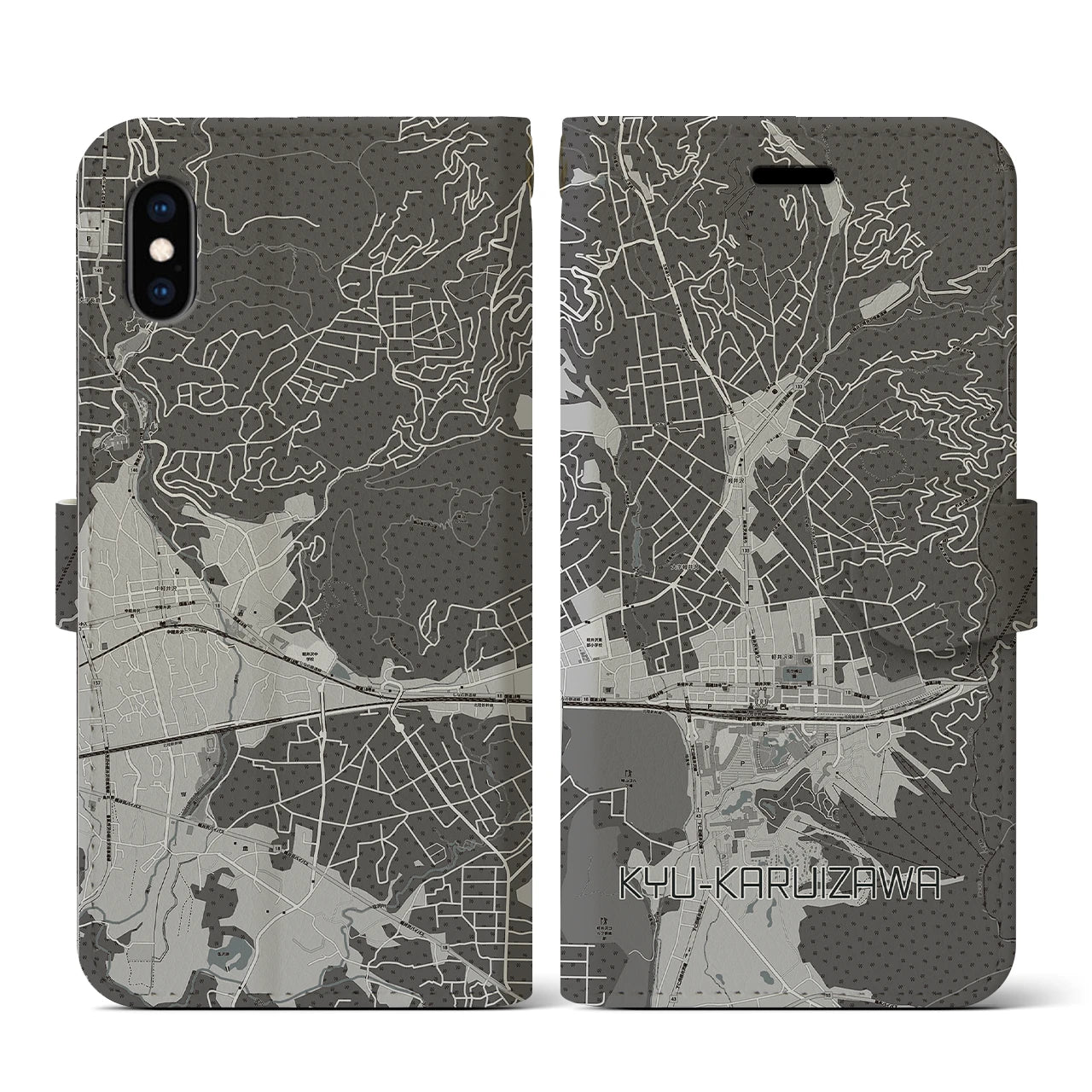 【旧軽井沢(長野県)】地図柄iPhoneケース(手帳タイプ)モノトーン・iPhone XS / X 用