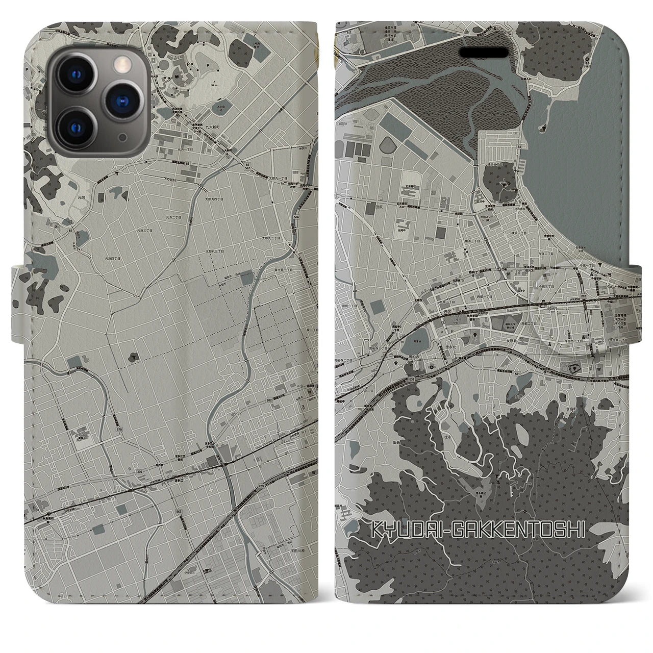 【九大学研都市(福岡県)】地図柄iPhoneケース(手帳タイプ)モノトーン・iPhone 11 Pro Max 用
