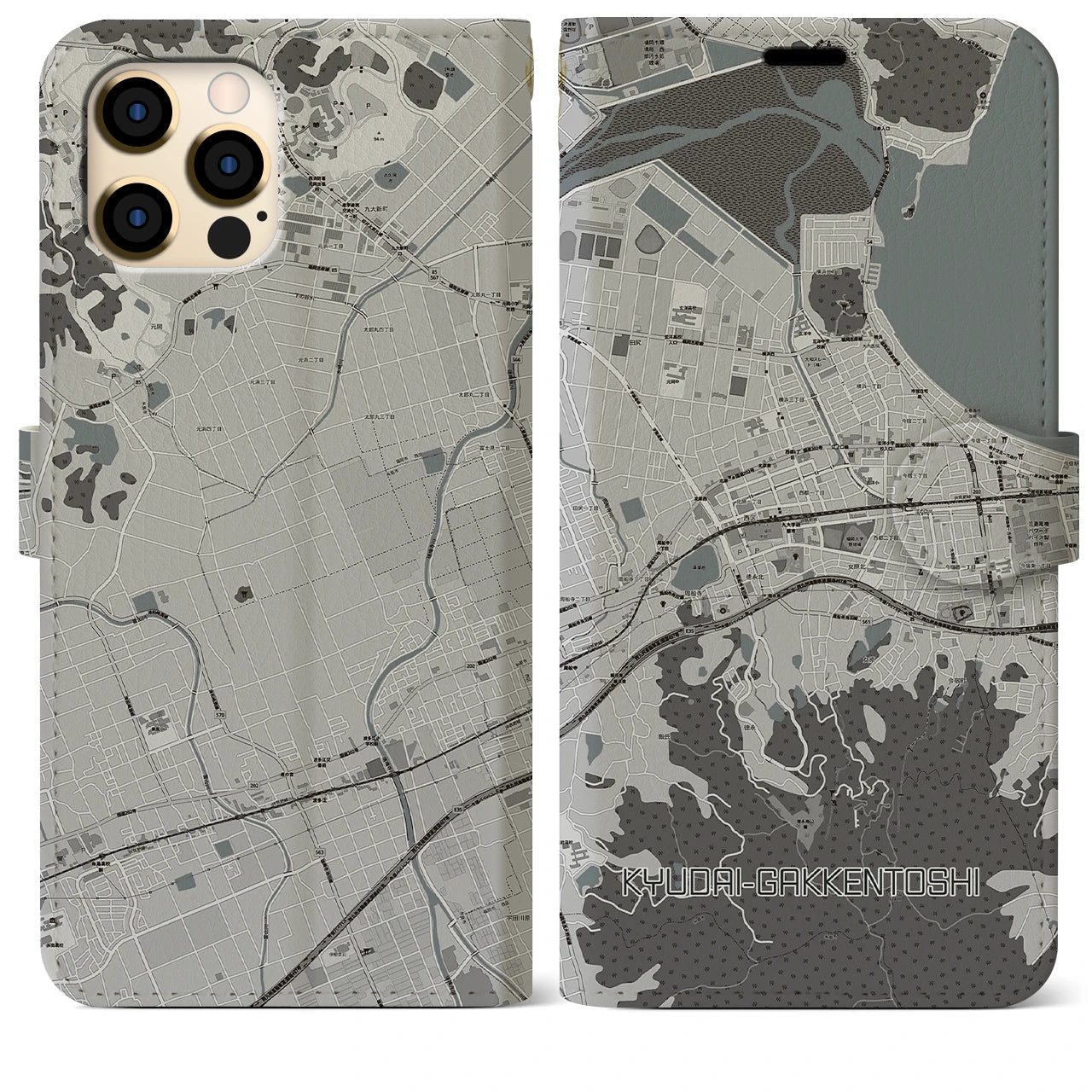 【九大学研都市(福岡県)】地図柄iPhoneケース(手帳タイプ)モノトーン・iPhone 12 Pro Max 用