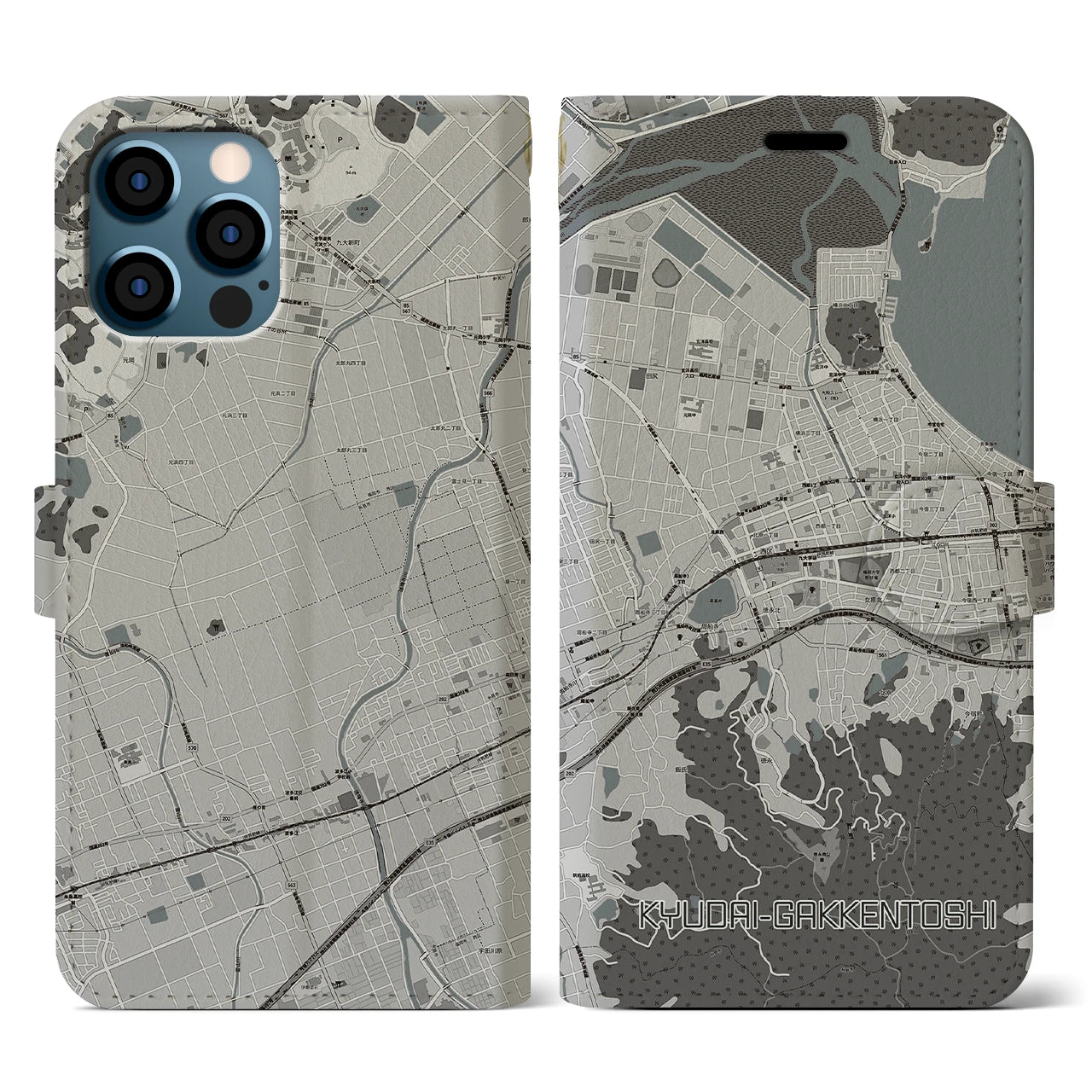 【九大学研都市(福岡県)】地図柄iPhoneケース(手帳タイプ)モノトーン・iPhone 12 / 12 Pro 用