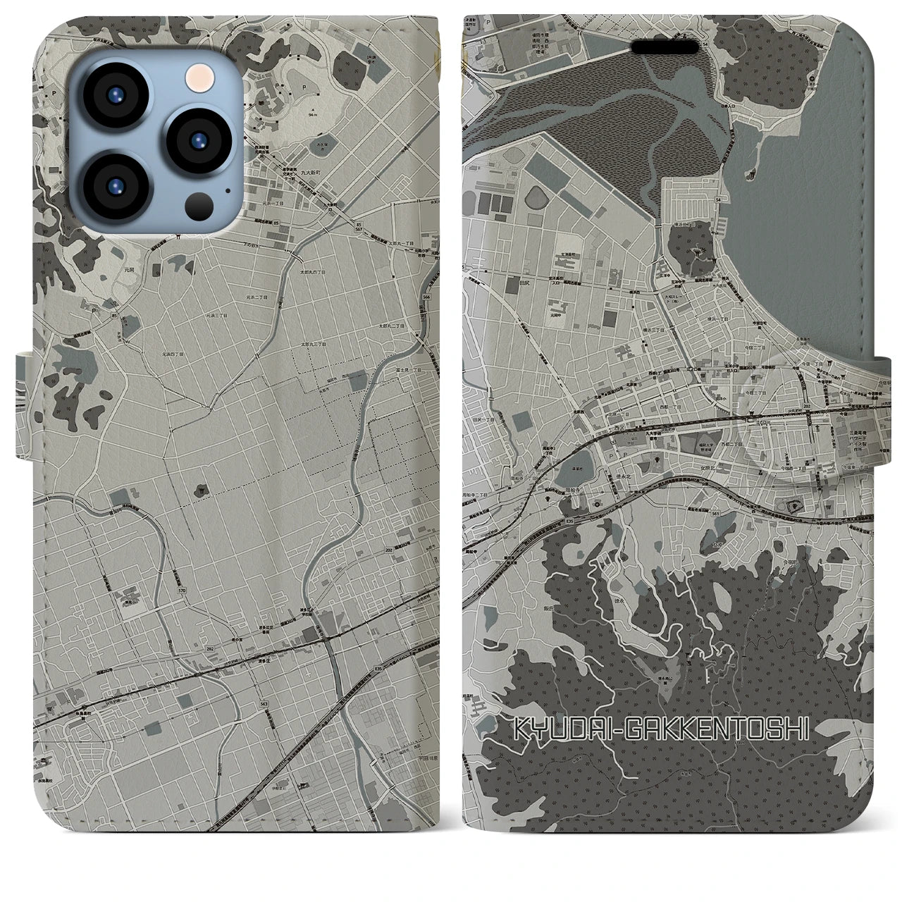 【九大学研都市(福岡県)】地図柄iPhoneケース(手帳タイプ)モノトーン・iPhone 13 Pro Max 用