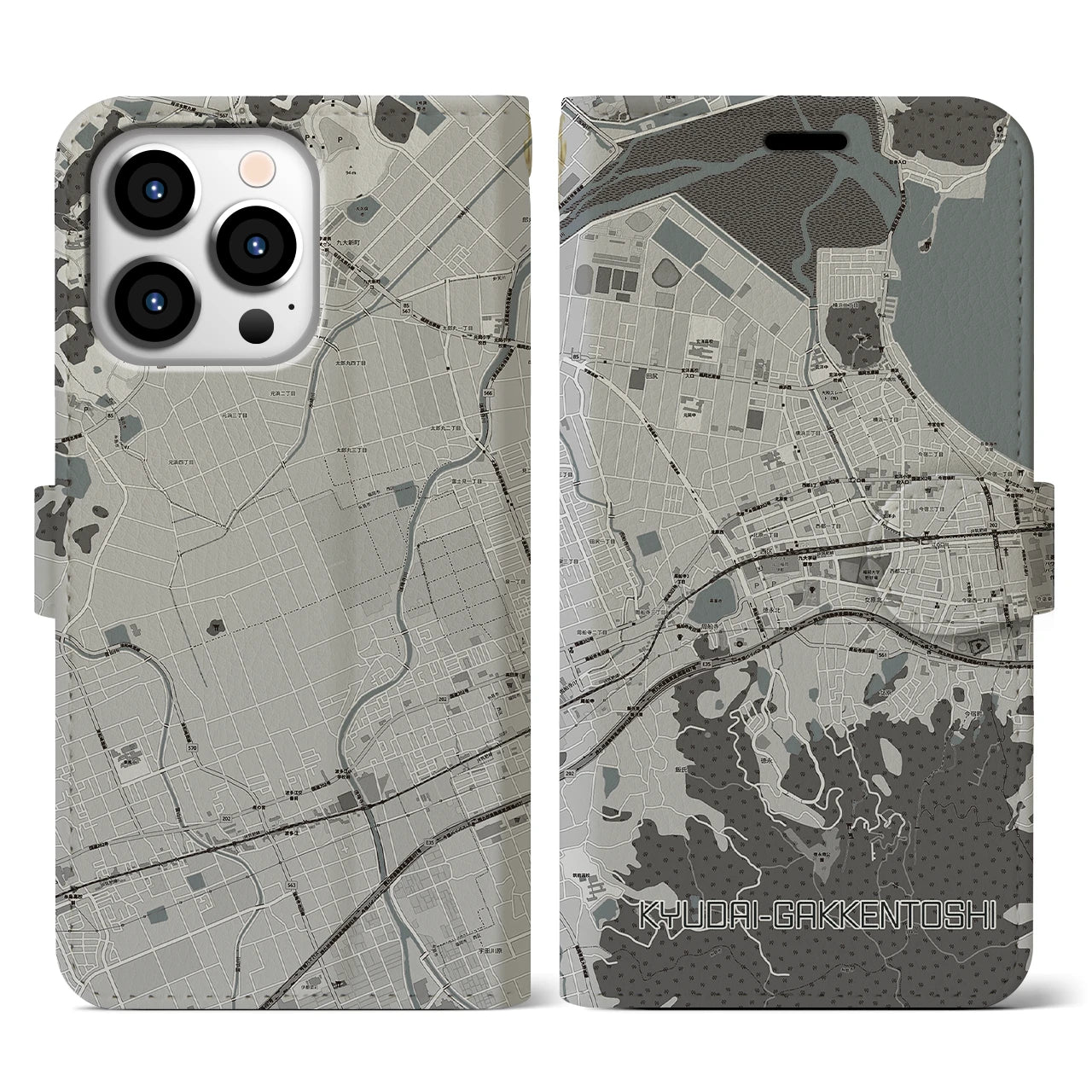 【九大学研都市(福岡県)】地図柄iPhoneケース(手帳タイプ)モノトーン・iPhone 13 Pro 用