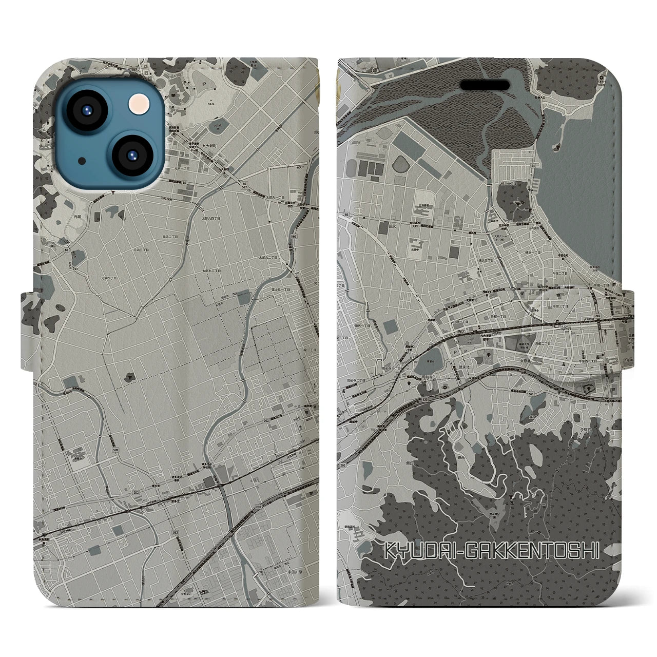 【九大学研都市(福岡県)】地図柄iPhoneケース(手帳タイプ)モノトーン・iPhone 13 用