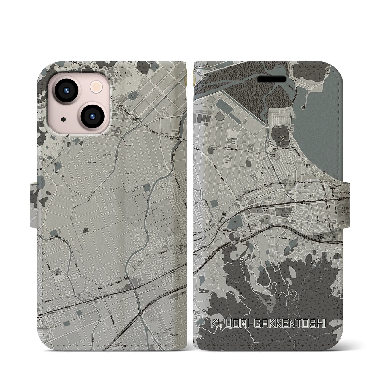 【九大学研都市(福岡県)】地図柄iPhoneケース(手帳タイプ)モノトーン・iPhone 13 mini 用