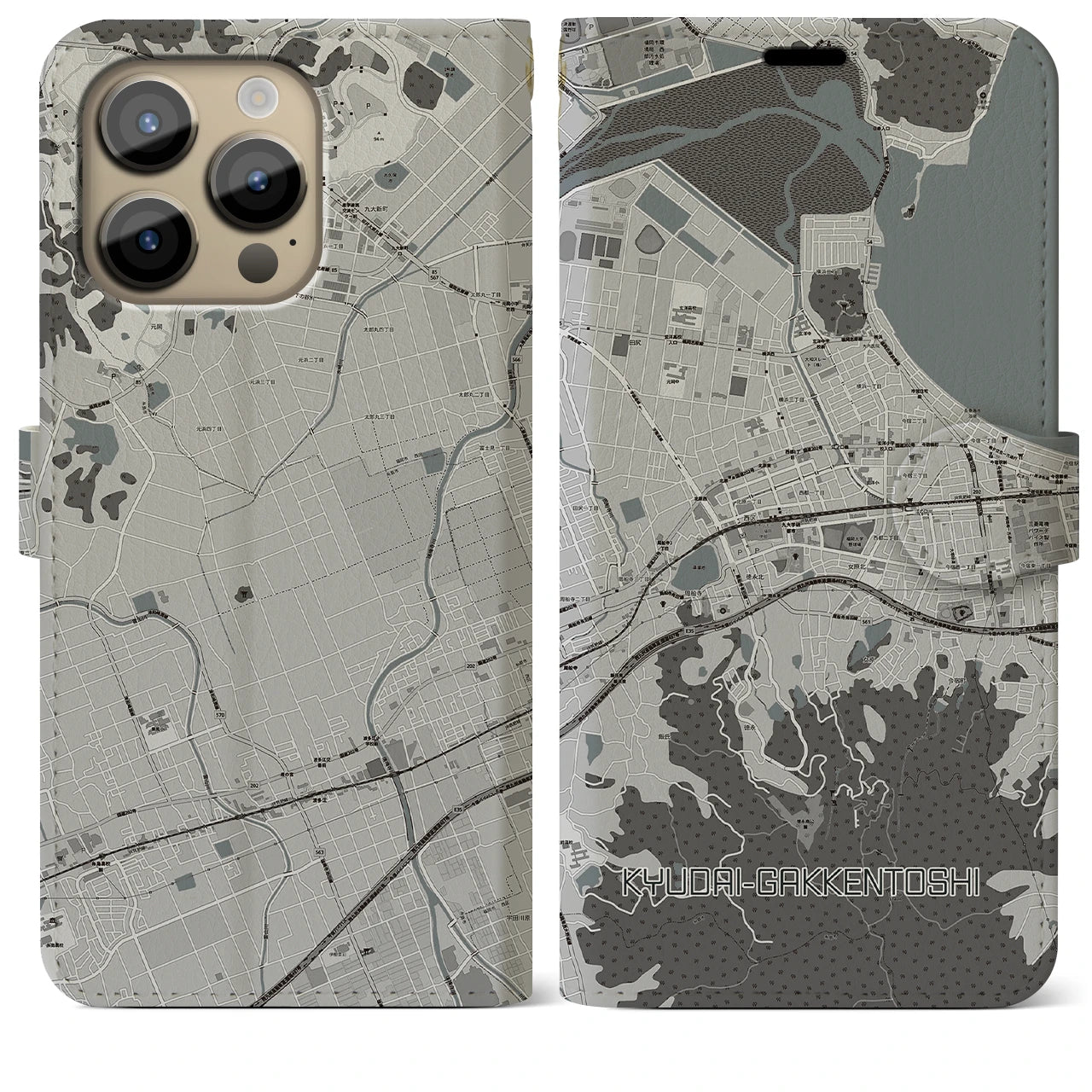 【九大学研都市(福岡県)】地図柄iPhoneケース(手帳タイプ)モノトーン・iPhone 14 Pro Max 用
