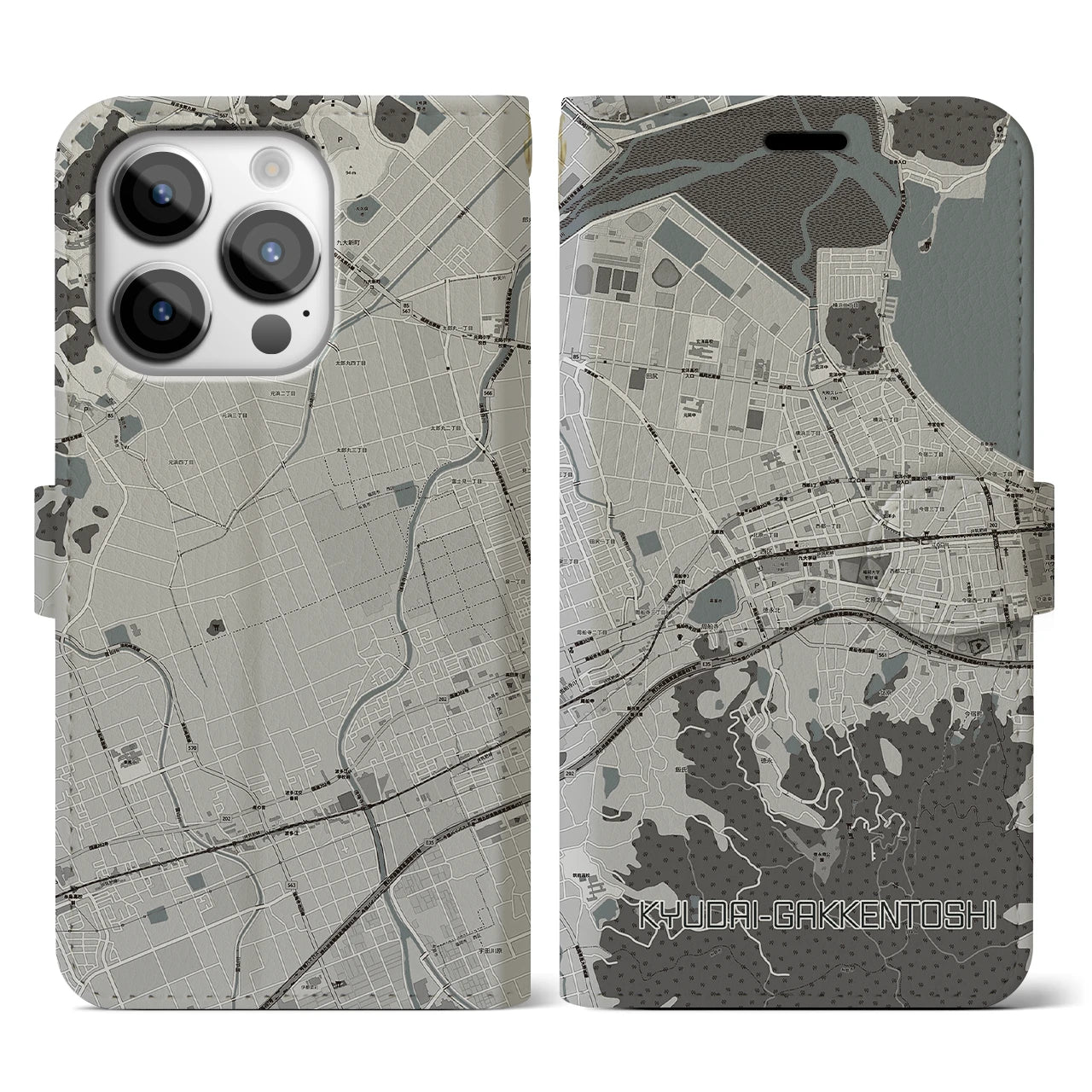 【九大学研都市(福岡県)】地図柄iPhoneケース(手帳タイプ)モノトーン・iPhone 14 Pro 用