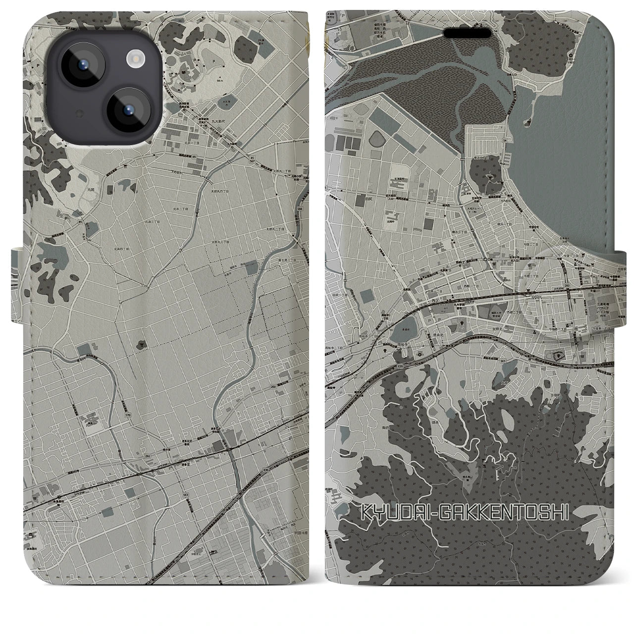 【九大学研都市(福岡県)】地図柄iPhoneケース(手帳タイプ)モノトーン・iPhone 14 Plus 用