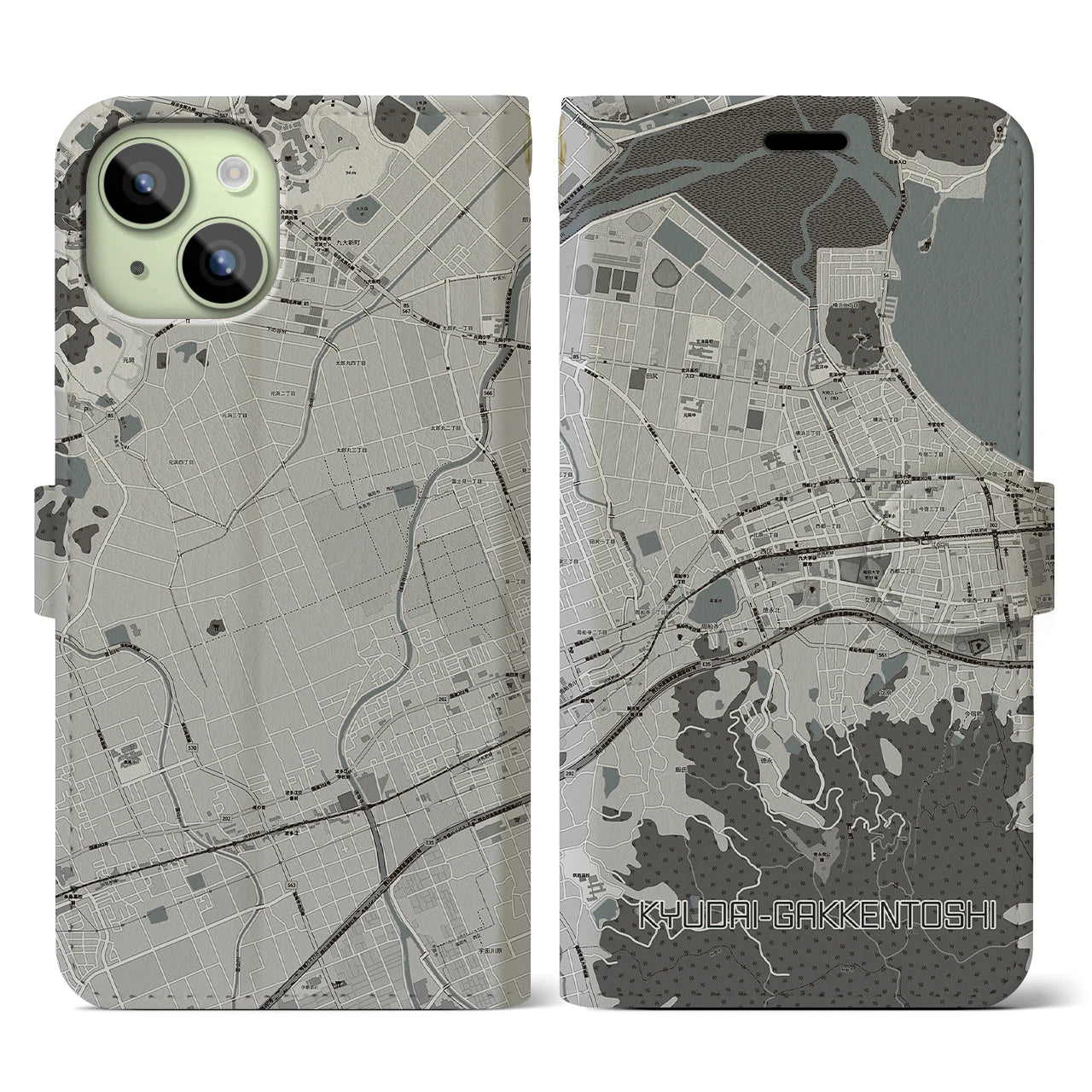 【九大学研都市(福岡県)】地図柄iPhoneケース(手帳タイプ)モノトーン・iPhone 15 用