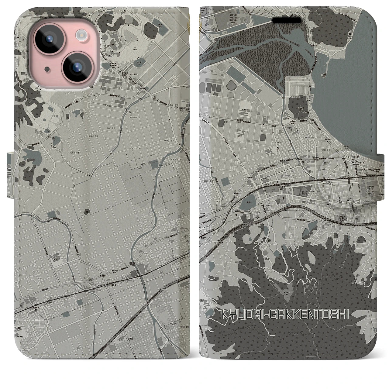 【九大学研都市(福岡県)】地図柄iPhoneケース(手帳タイプ)モノトーン・iPhone 15 Plus 用