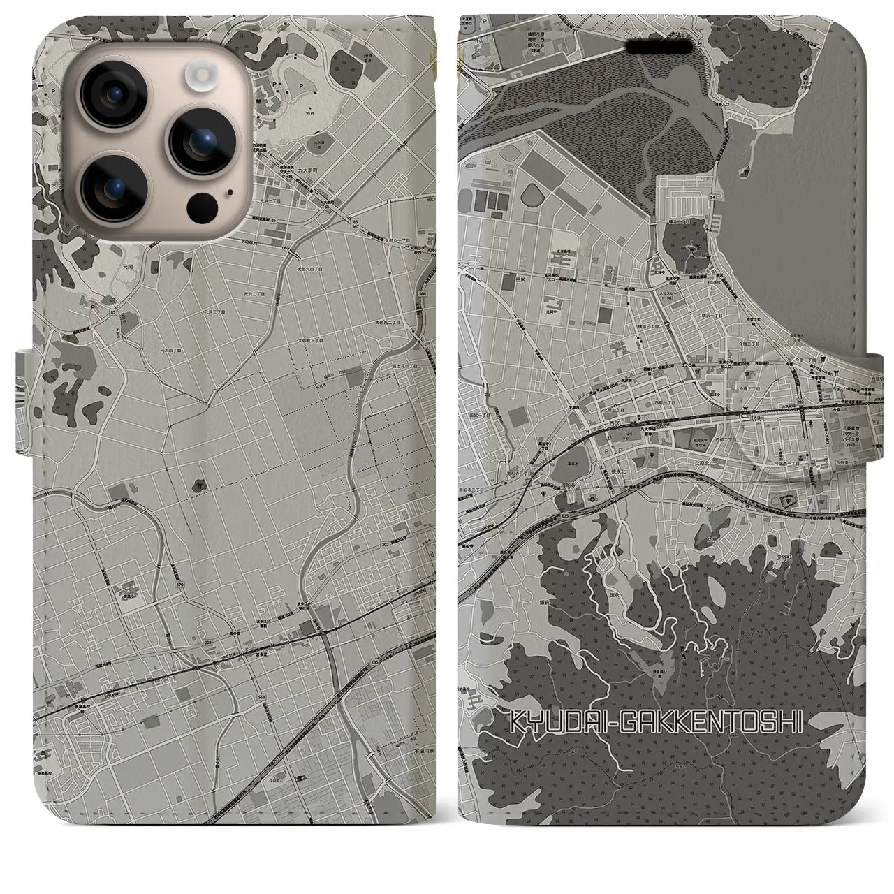 【九大学研都市(福岡県)】地図柄iPhoneケース(手帳タイプ)モノトーン・iPhone 16 Plus 用