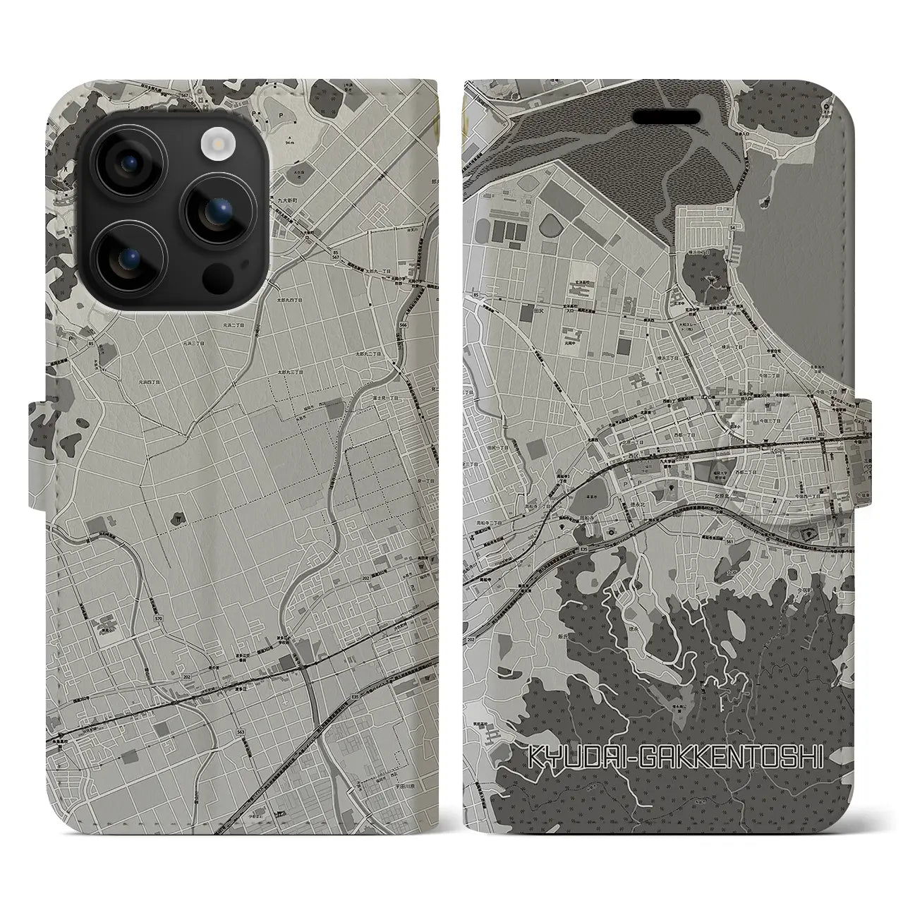 【九大学研都市(福岡県)】地図柄iPhoneケース(手帳タイプ)モノトーン・iPhone 16 用