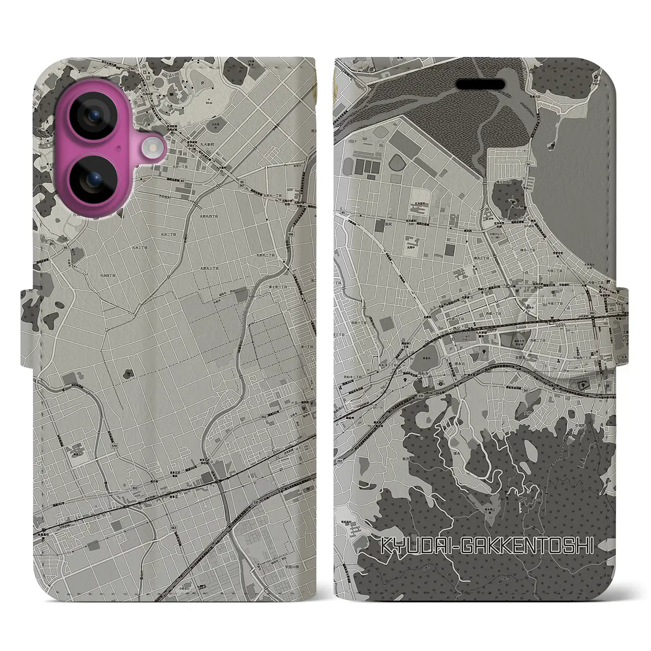 【九大学研都市(福岡県)】地図柄iPhoneケース(手帳タイプ)モノトーン・iPhone 16 Pro 用