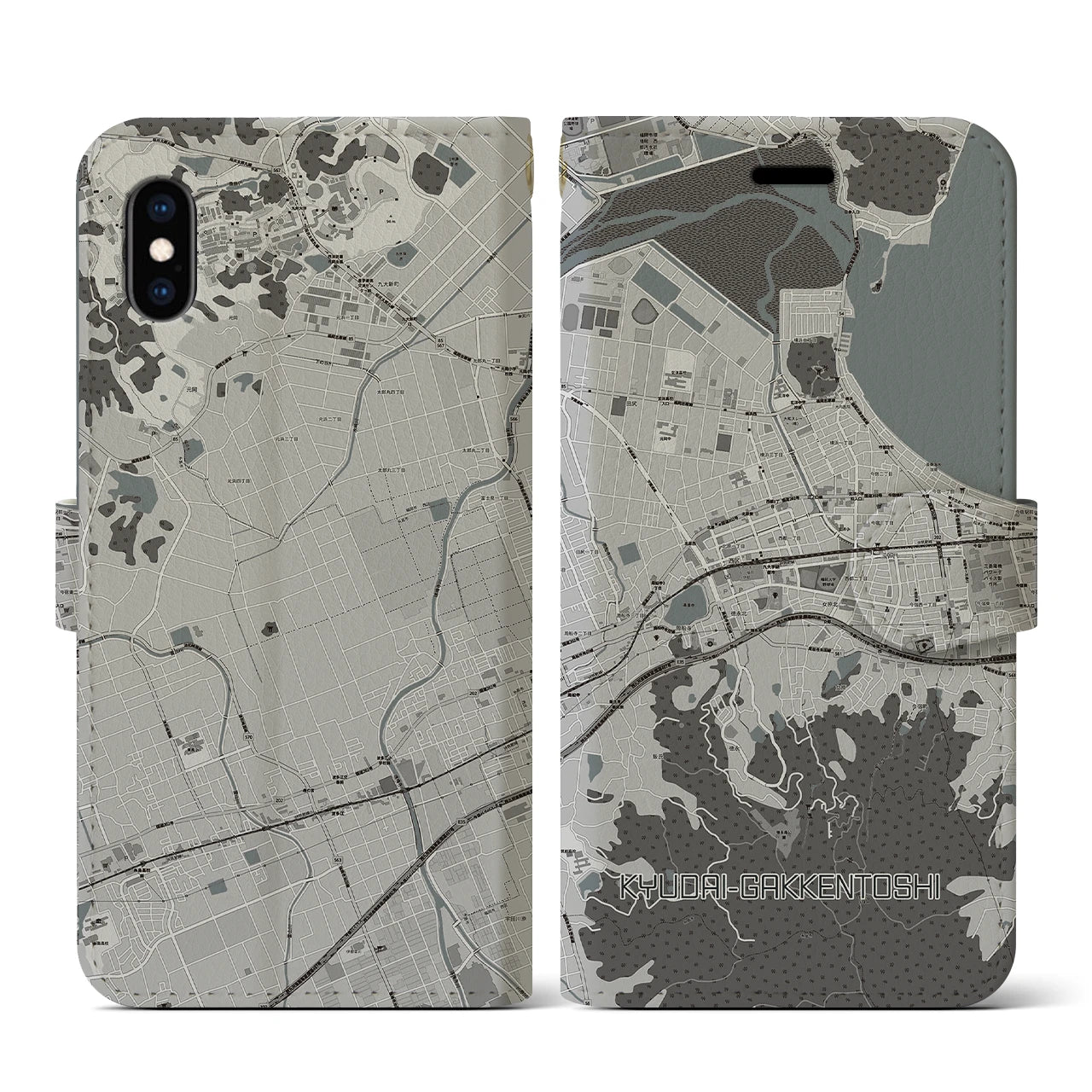 【九大学研都市(福岡県)】地図柄iPhoneケース(手帳タイプ)モノトーン・iPhone XS / X 用