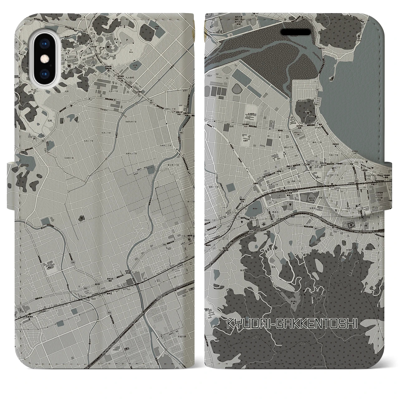 【九大学研都市(福岡県)】地図柄iPhoneケース(手帳タイプ)モノトーン・iPhone XS Max 用
