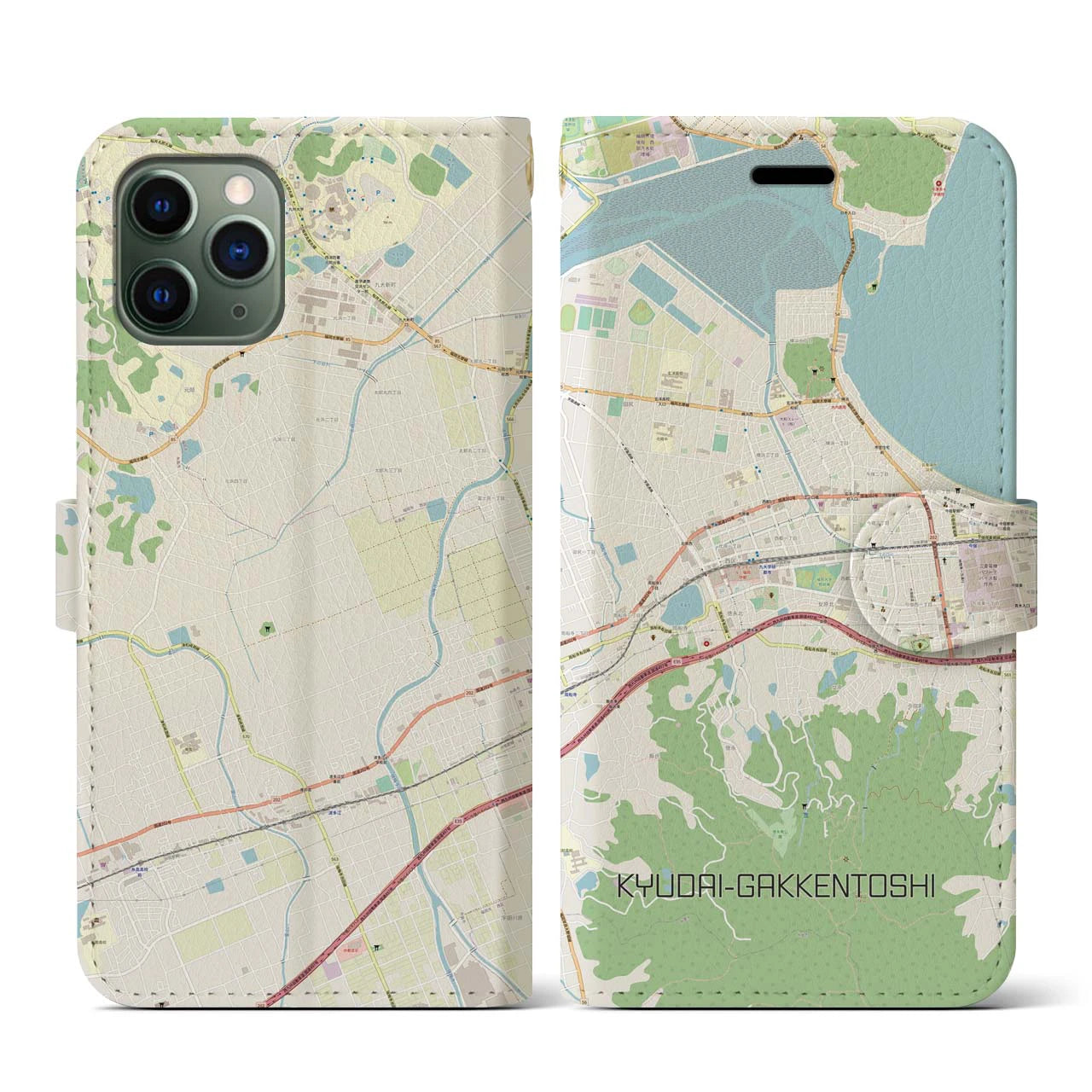 【九大学研都市(福岡県)】地図柄iPhoneケース(手帳タイプ)ナチュラル・iPhone 11 Pro 用