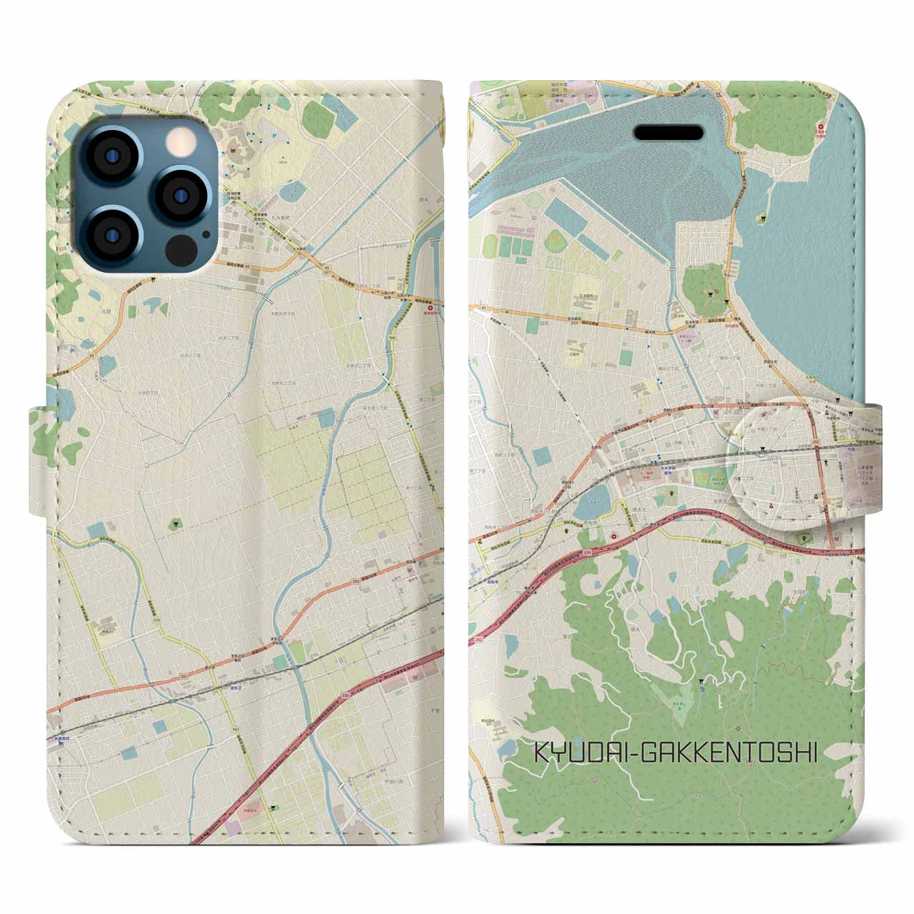 【九大学研都市(福岡県)】地図柄iPhoneケース(手帳タイプ)ナチュラル・iPhone 12 / 12 Pro 用