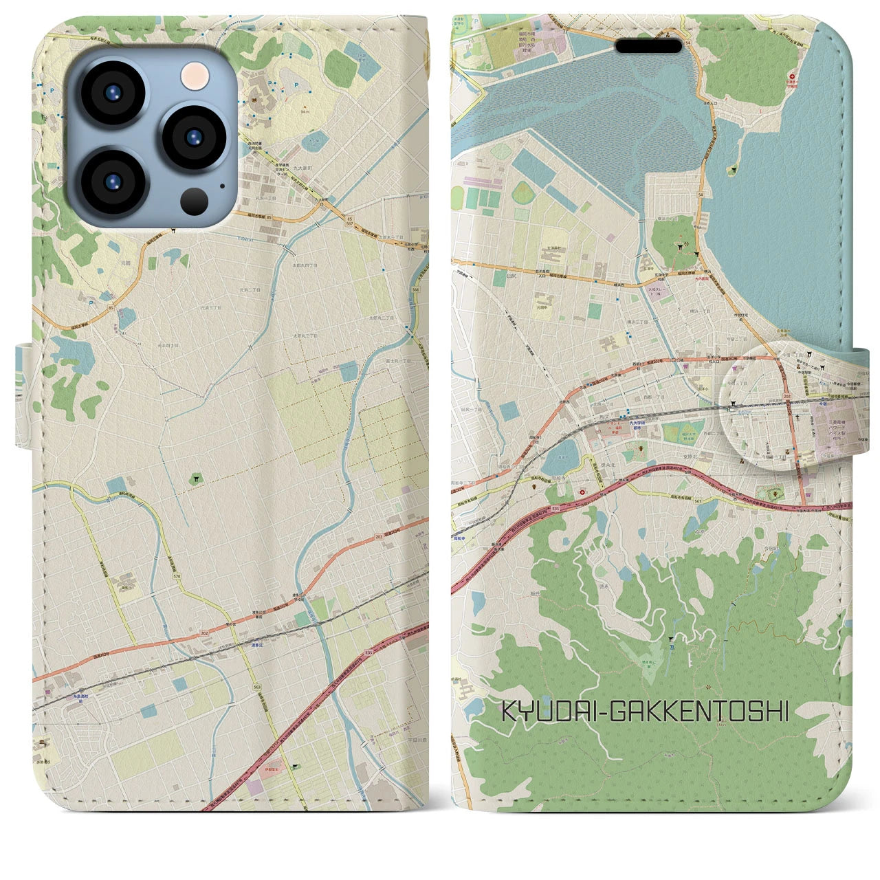 【九大学研都市(福岡県)】地図柄iPhoneケース(手帳タイプ)ナチュラル・iPhone 13 Pro Max 用