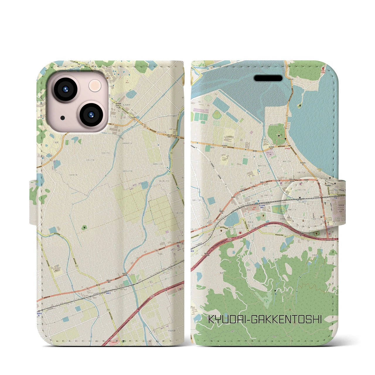 【九大学研都市(福岡県)】地図柄iPhoneケース(手帳タイプ)ナチュラル・iPhone 13 mini 用