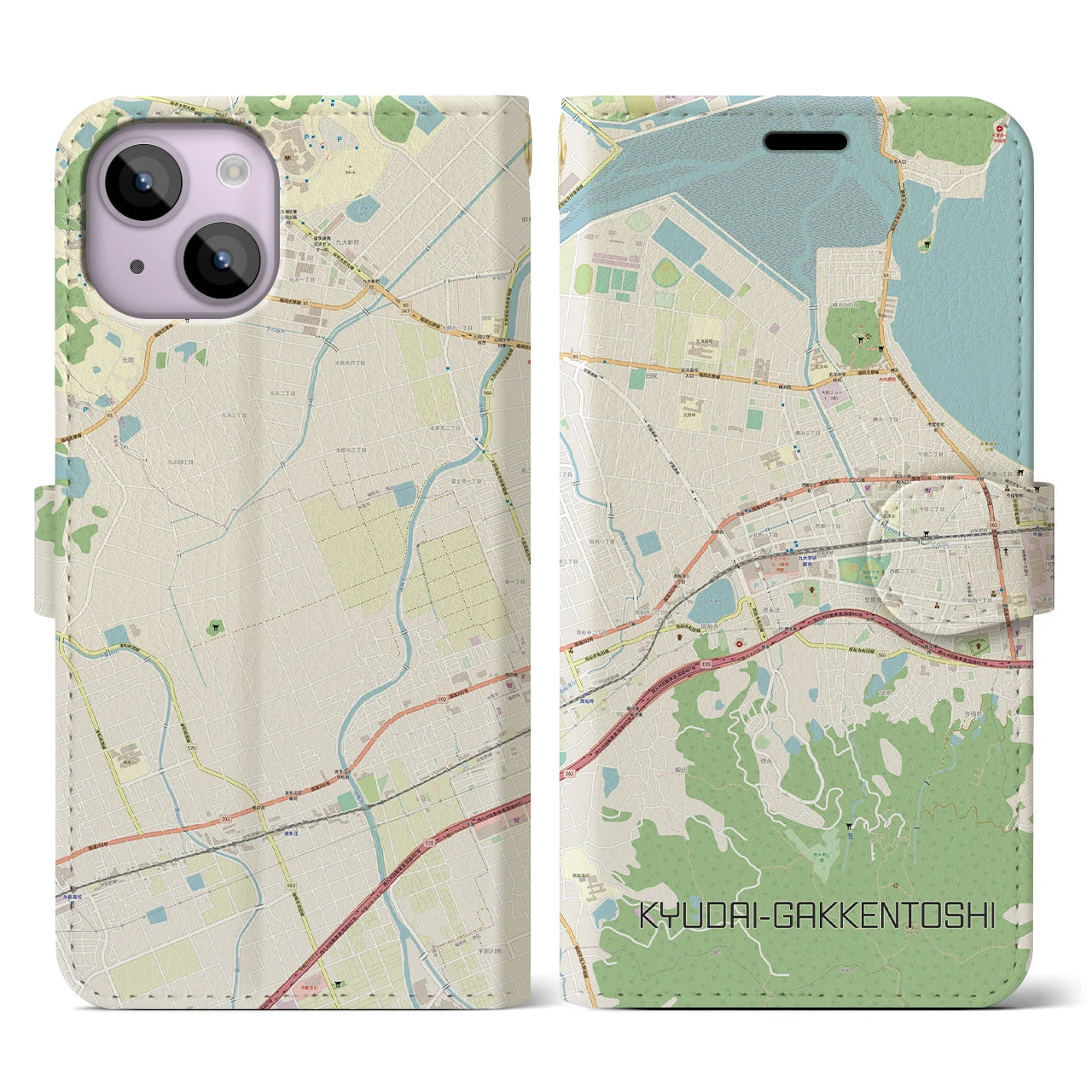 【九大学研都市(福岡県)】地図柄iPhoneケース(手帳タイプ)ナチュラル・iPhone 14 用
