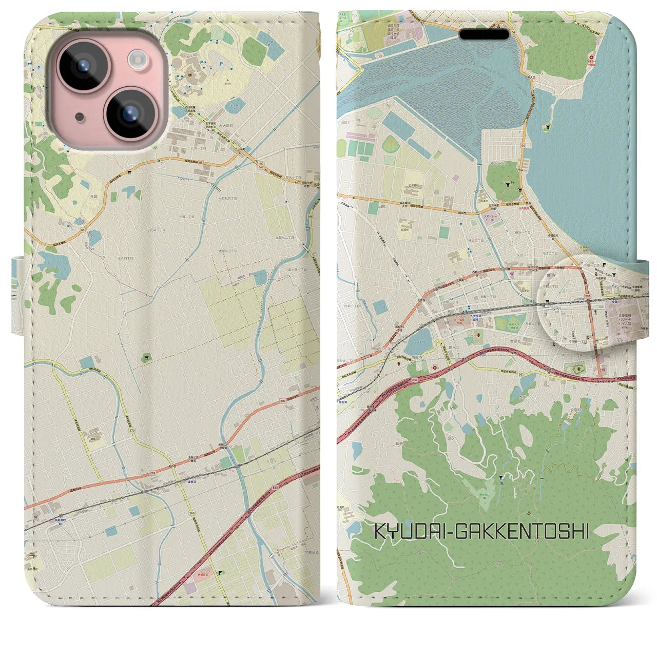 【九大学研都市(福岡県)】地図柄iPhoneケース(手帳タイプ)ナチュラル・iPhone 15 Plus 用