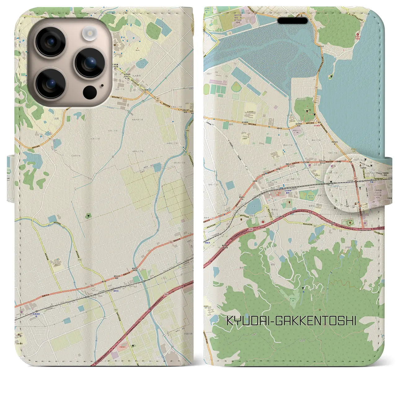 【九大学研都市(福岡県)】地図柄iPhoneケース(手帳タイプ)ナチュラル・iPhone 16 Plus 用