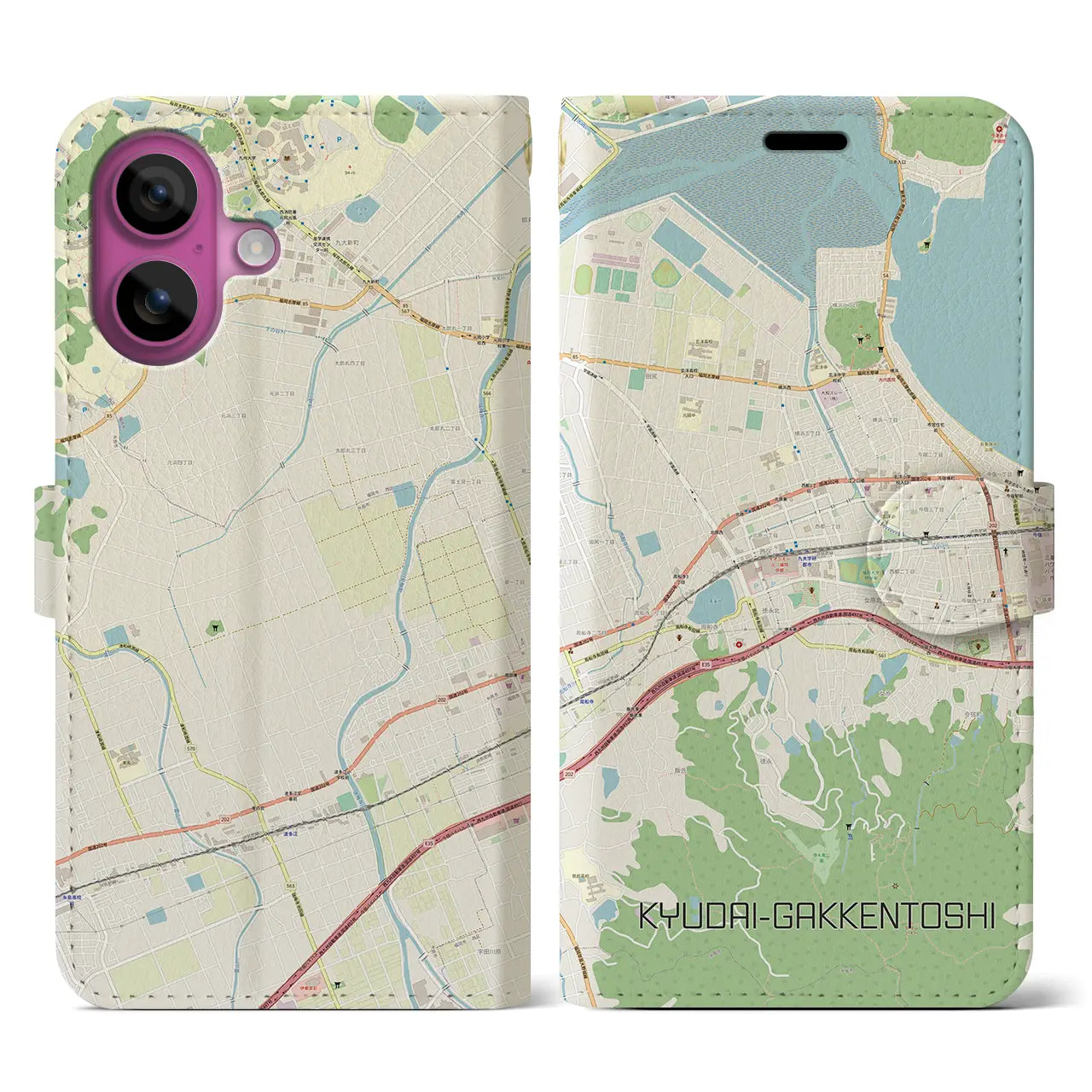 【九大学研都市(福岡県)】地図柄iPhoneケース(手帳タイプ)ナチュラル・iPhone 16 Pro 用