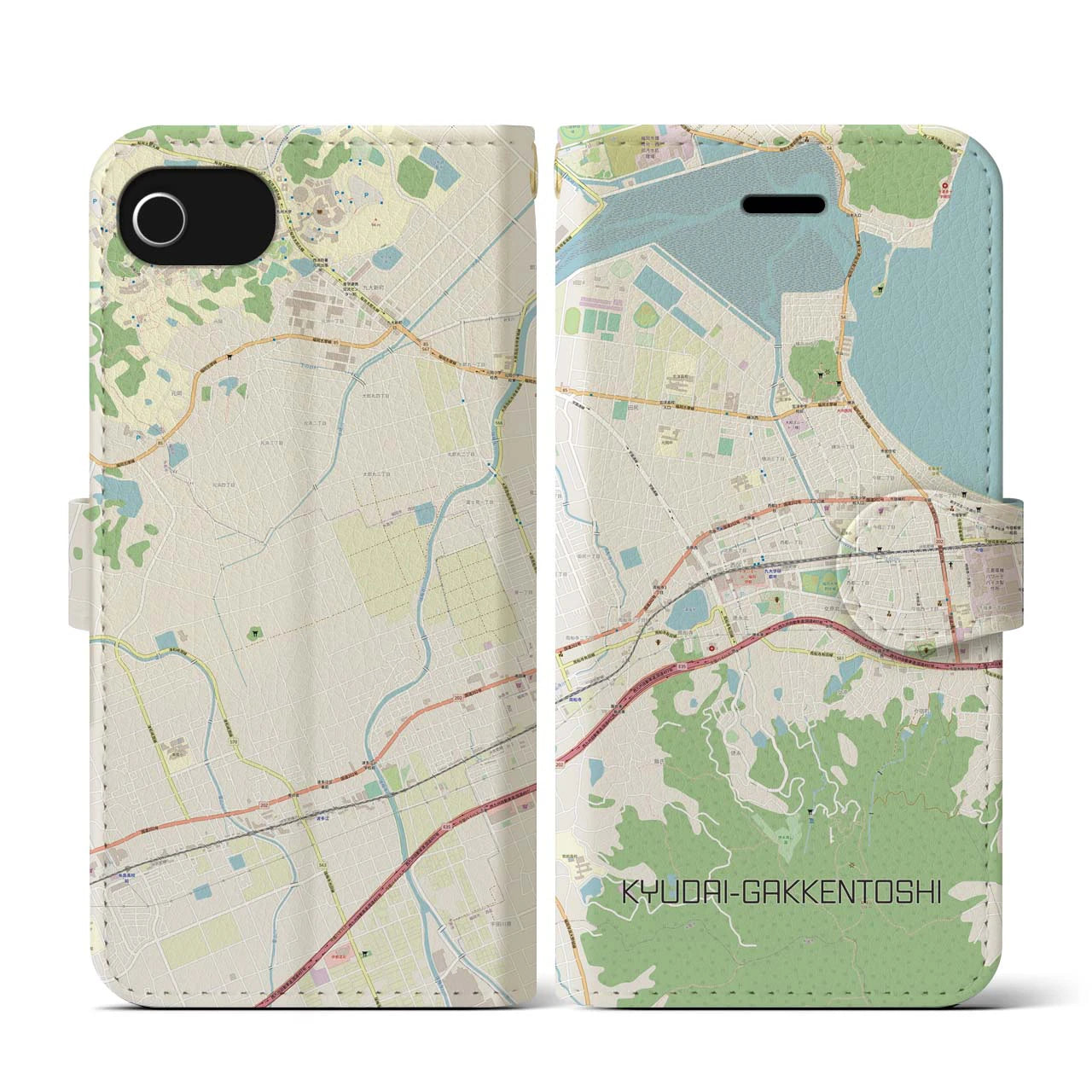 【九大学研都市(福岡県)】地図柄iPhoneケース(手帳タイプ)ナチュラル・iPhone SE(第3 / 第2世代) / 8 / 7 / 6s / 6 用