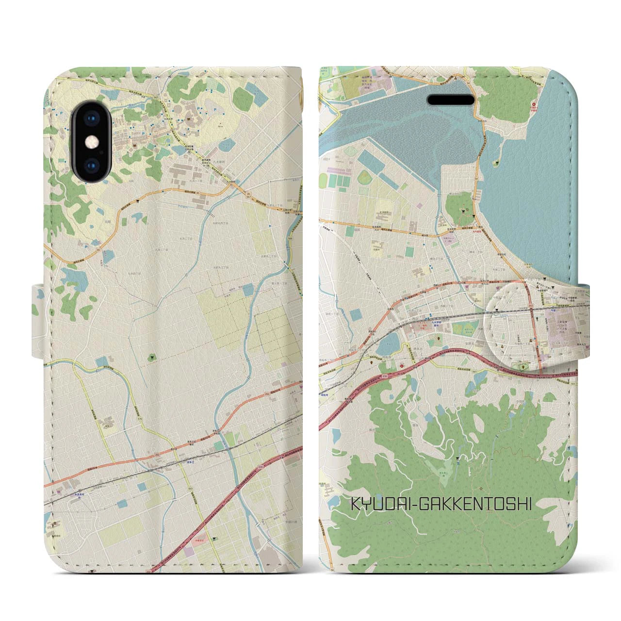 【九大学研都市(福岡県)】地図柄iPhoneケース(手帳タイプ)ナチュラル・iPhone XS / X 用
