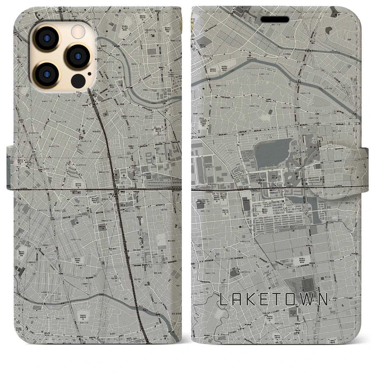 【越谷レイクタウン(埼玉県)】地図柄iPhoneケース(手帳タイプ)モノトーン・iPhone 12 Pro Max 用