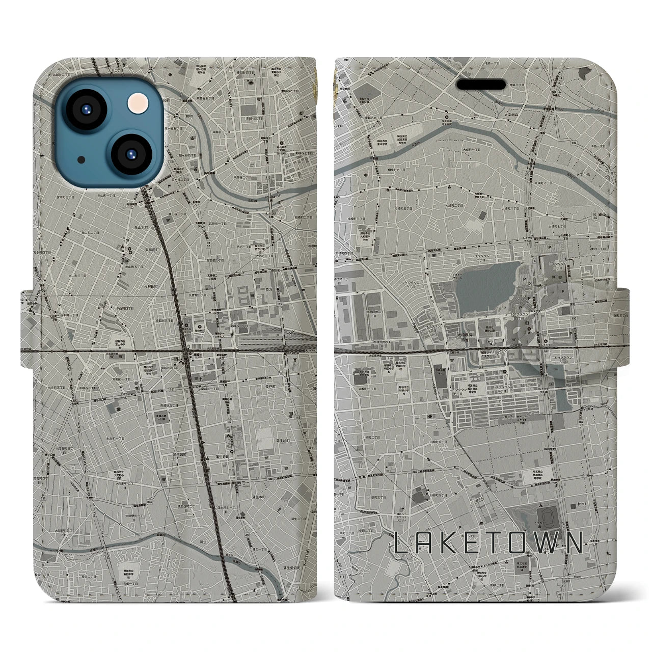 【越谷レイクタウン(埼玉県)】地図柄iPhoneケース(手帳タイプ)モノトーン・iPhone 13 用