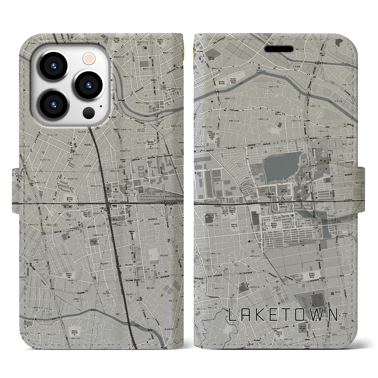 【越谷レイクタウン(埼玉県)】地図柄iPhoneケース(手帳タイプ)モノトーン・iPhone 13 Pro 用