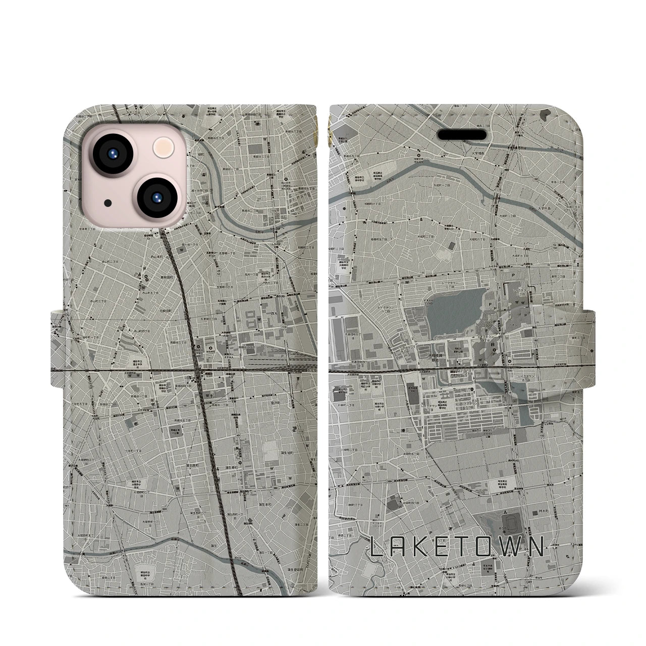 【越谷レイクタウン(埼玉県)】地図柄iPhoneケース(手帳タイプ)モノトーン・iPhone 13 mini 用