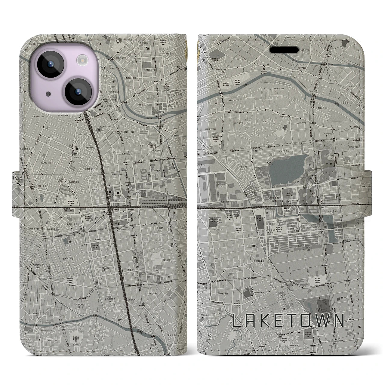 【越谷レイクタウン(埼玉県)】地図柄iPhoneケース(手帳タイプ)モノトーン・iPhone 14 用